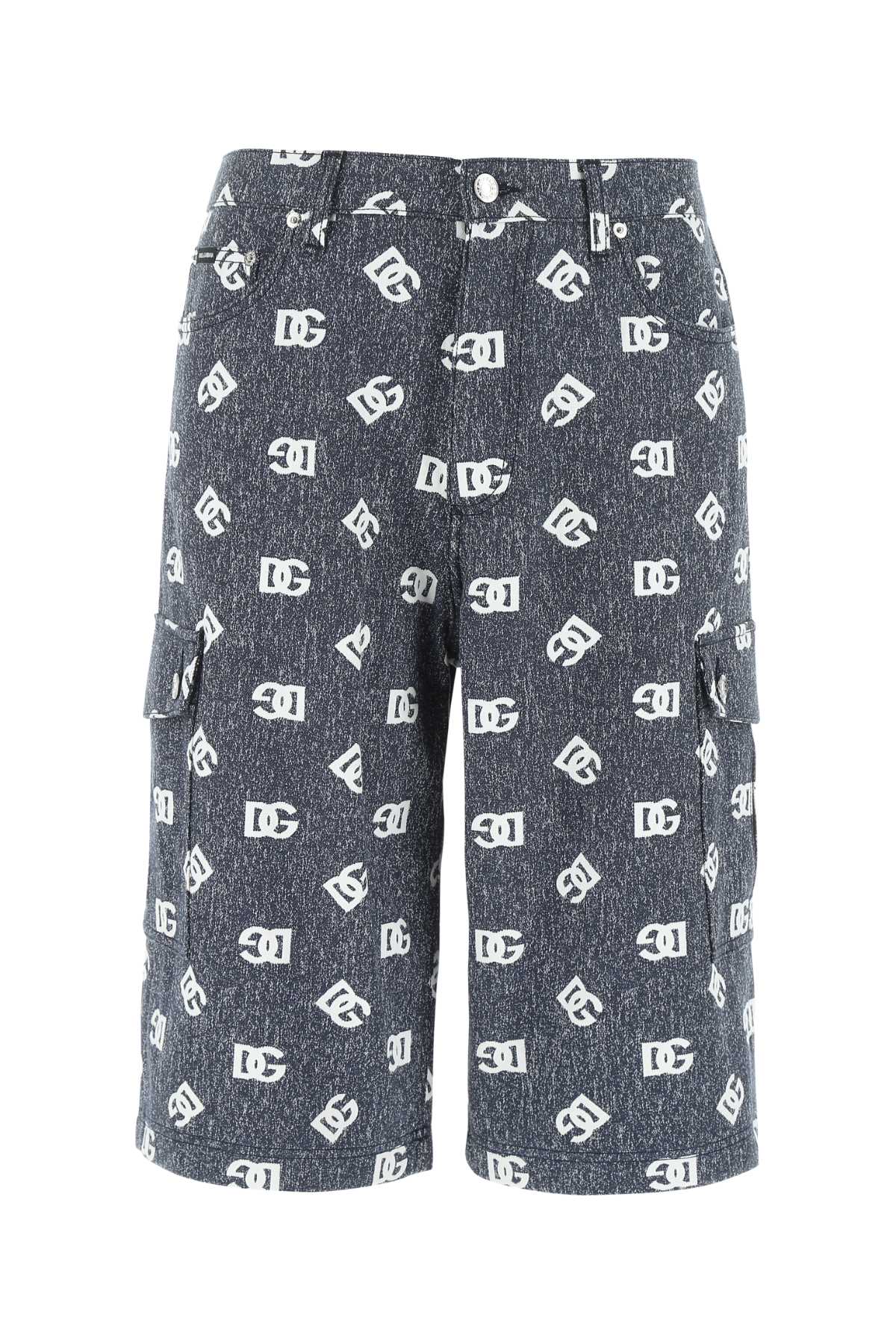 Printed Denim Stretch Bermuda Shorts