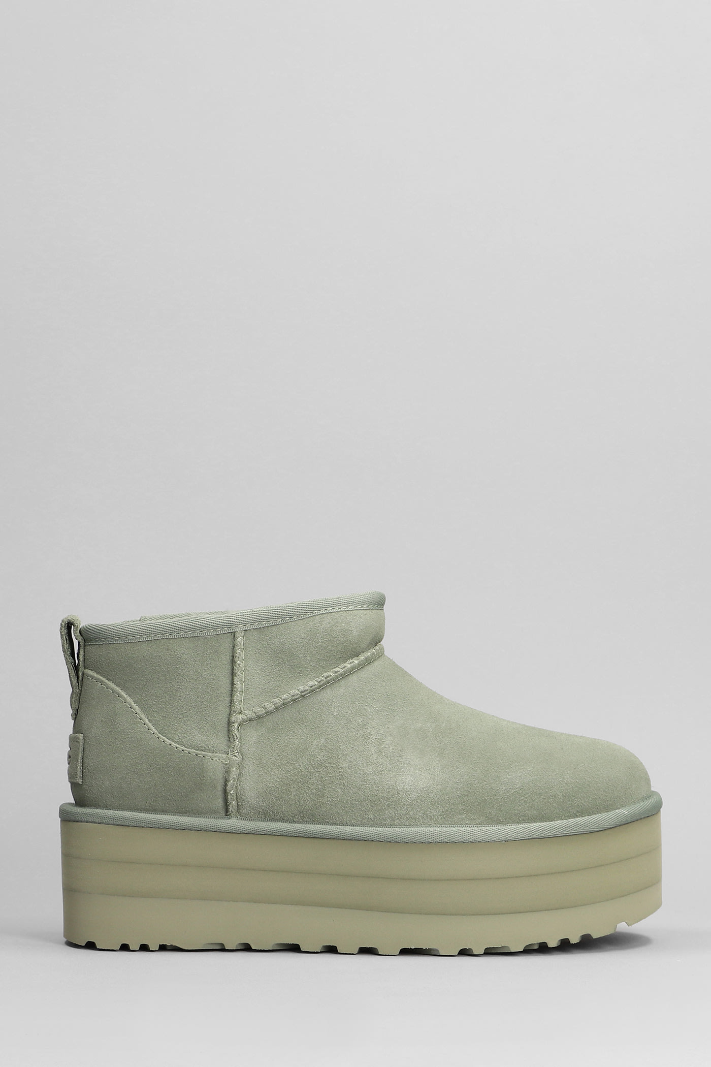 UGG CLASSIC ULTRA MINI P LOW HEELS ANKLE BOOTS IN GREEN SUEDE