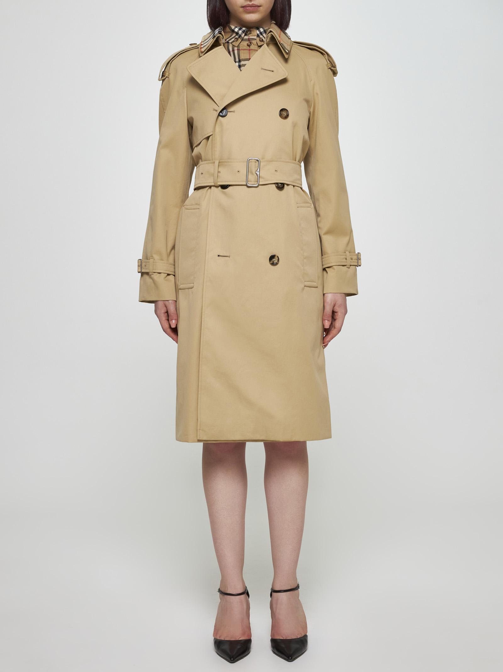 Shop Burberry Cotton Double-breasted Long Trench Coat In Beige