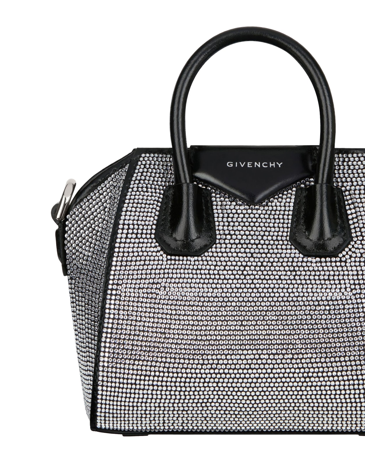 Shop Givenchy Antigona Micro Bag In Black Satin With Rhinestones