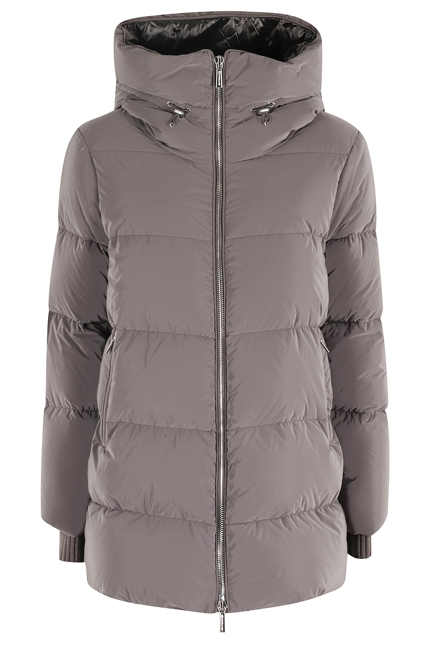 Moorer Padded Quilted Down Coat With High Collar And Hood In Brown