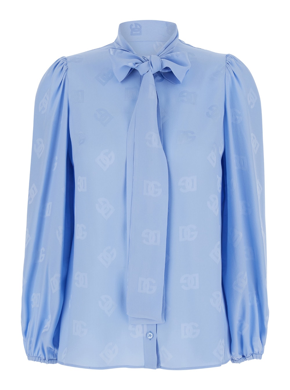 Shop Dolce & Gabbana Light Blue Shirt With Bow And Jacquard Dg Logo In Silk Woman