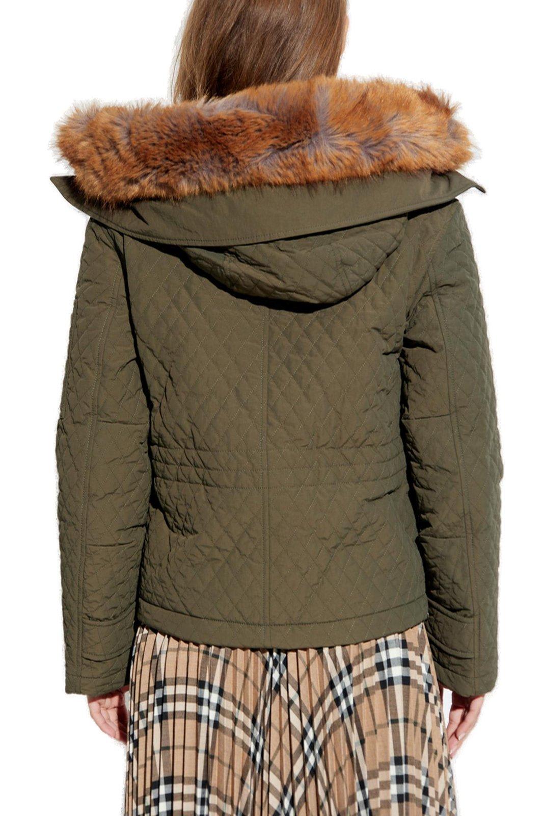 Shop Burberry Bomber Long Sleeved Quilted Hooded Jacket In Green