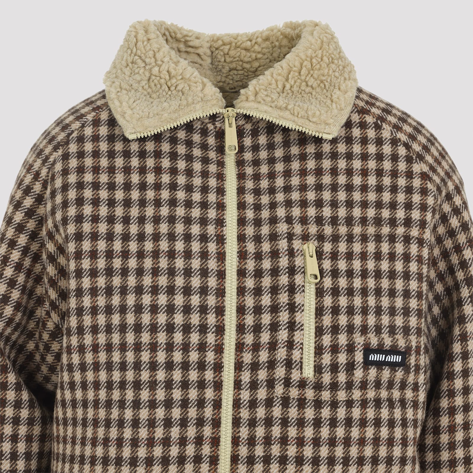 Miu Miu Checkered Long Sleeve Jacket With Shearling Collar In Blue