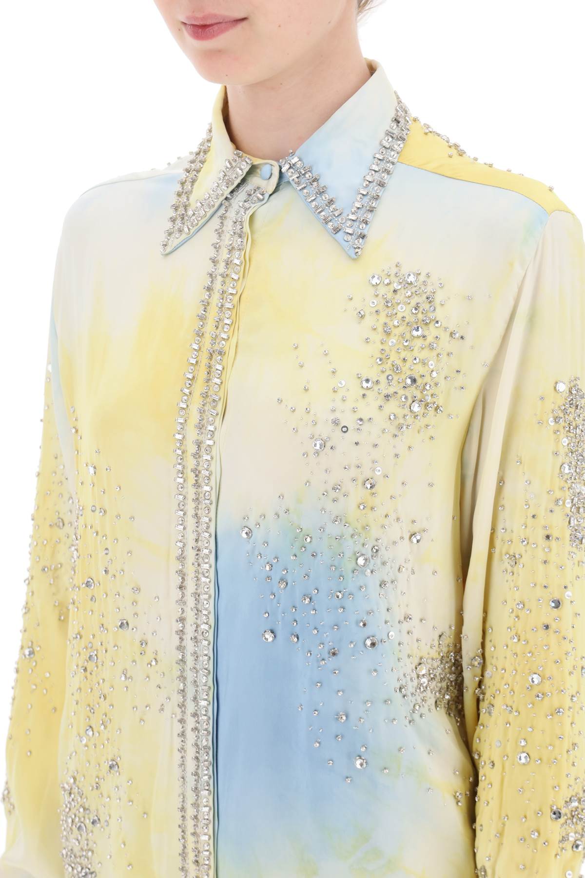Shop Des Phemmes Silk Satin Shirt With Tie-dye Effect And Appliques In Banana Light Blue (light Blue)