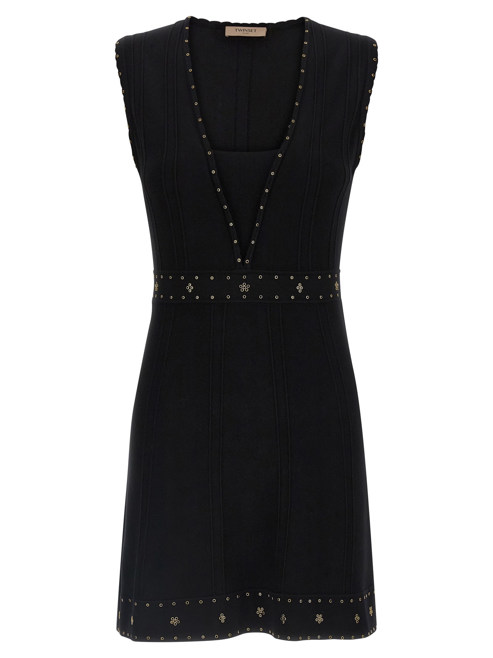 Twinset Twin-set Sleeveless Mini Dress With Deep V-neckline And Decorative Studs In Black