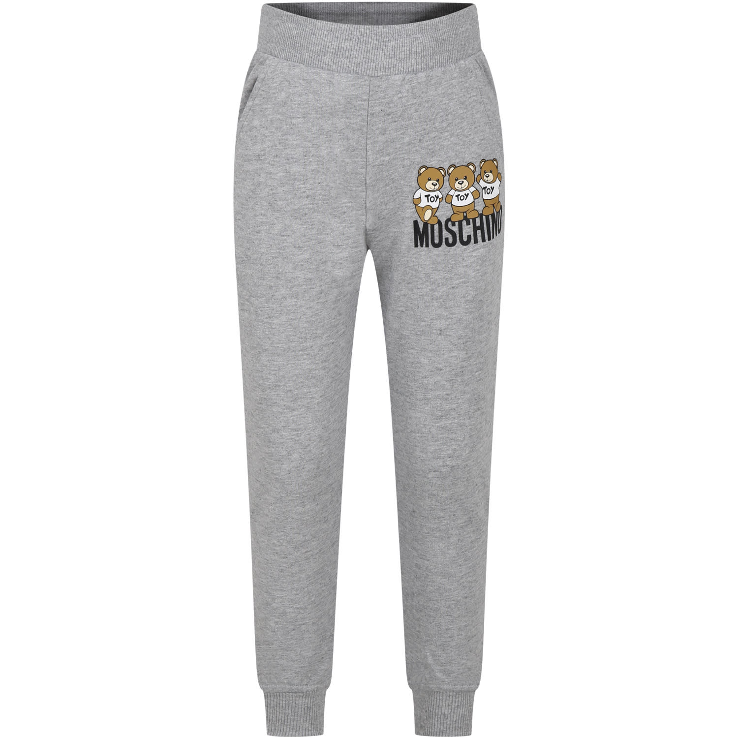 Moschino Gray Trousers For Kids With Three Teddy Bears And Logo In Grey