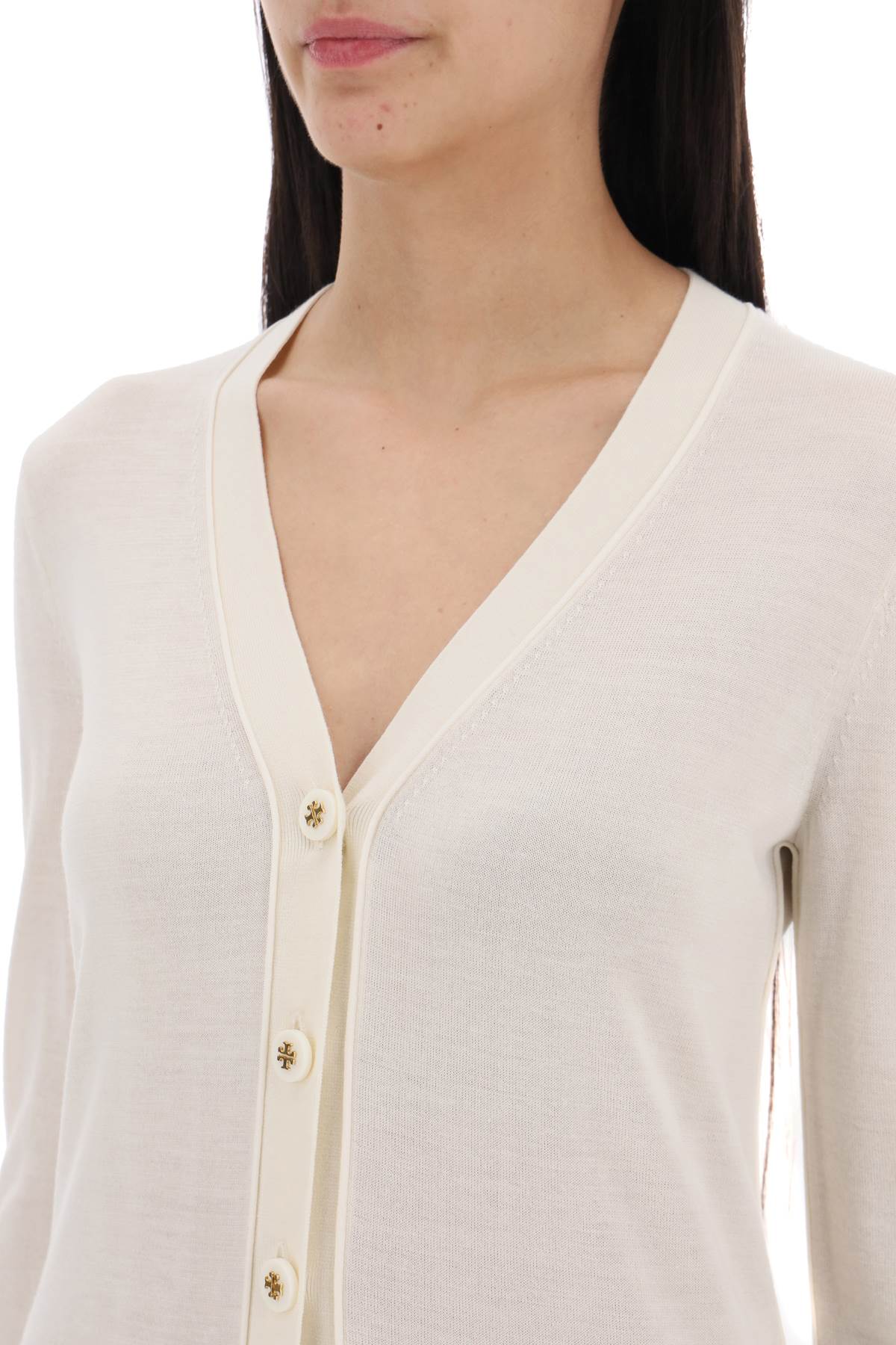 Shop Tory Burch Simone Wool And Silk Cardigan In New Ivory (beige)