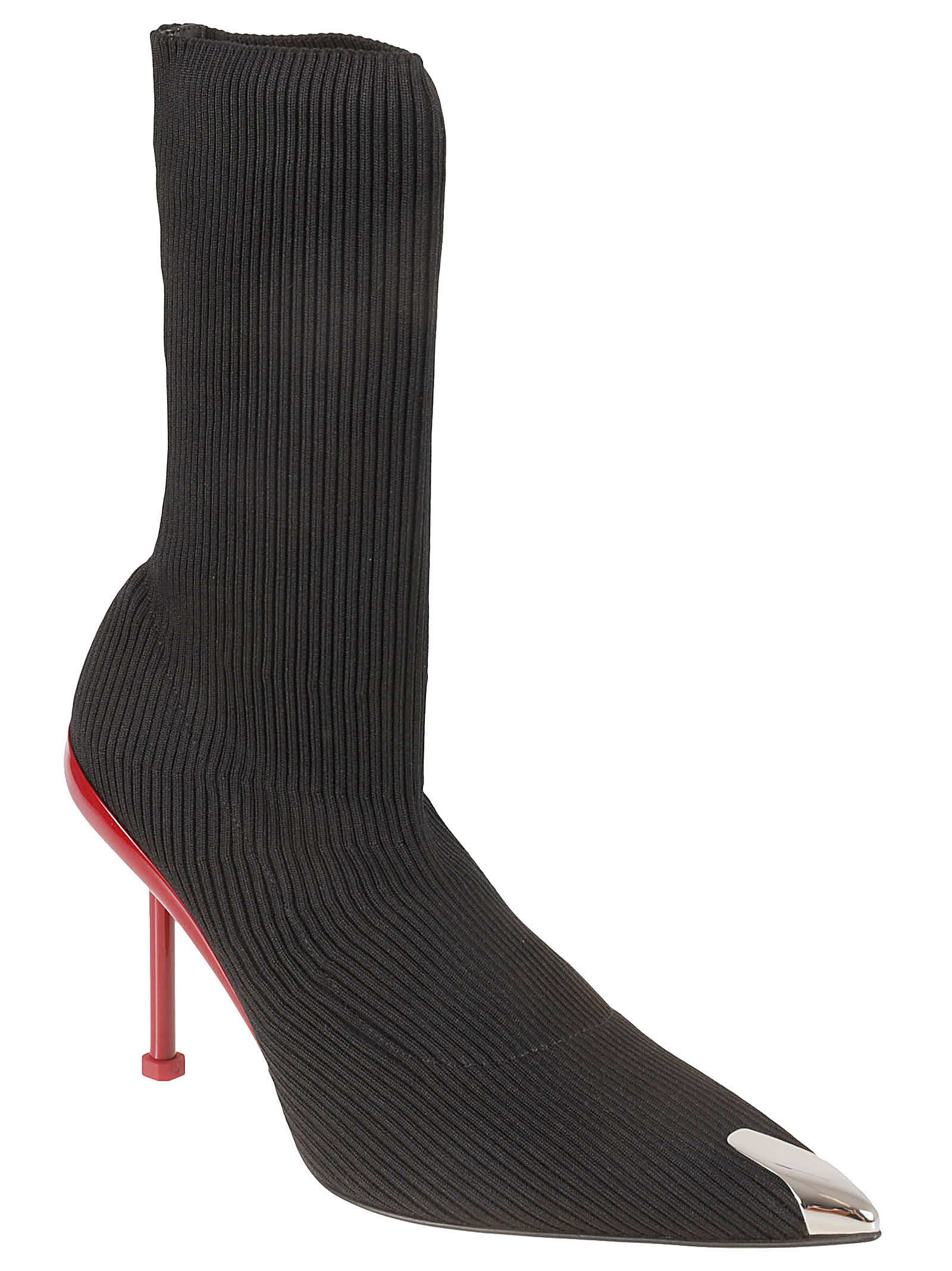 Shop Alexander Mcqueen Rib Knit Boots In Black/blood Red/silver