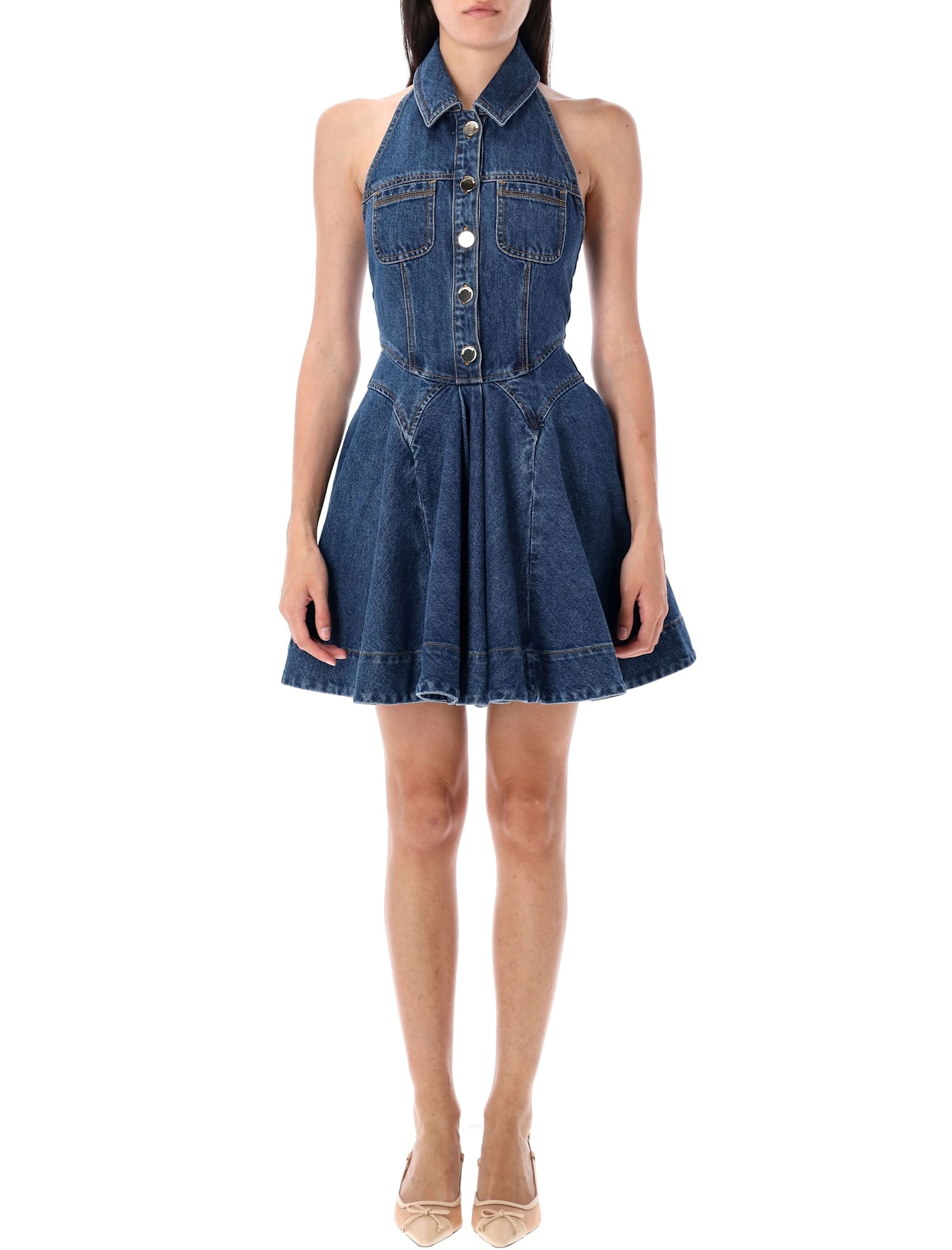 Self-portrait Denim Sleeveless Flared Mini Dress In Blue
