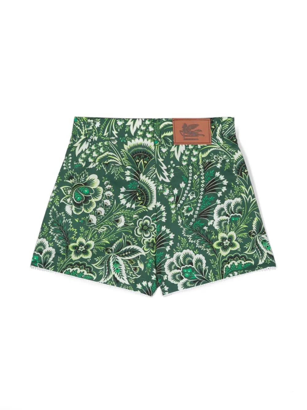 Shop Etro Green Denim Shorts With Paisley Motif