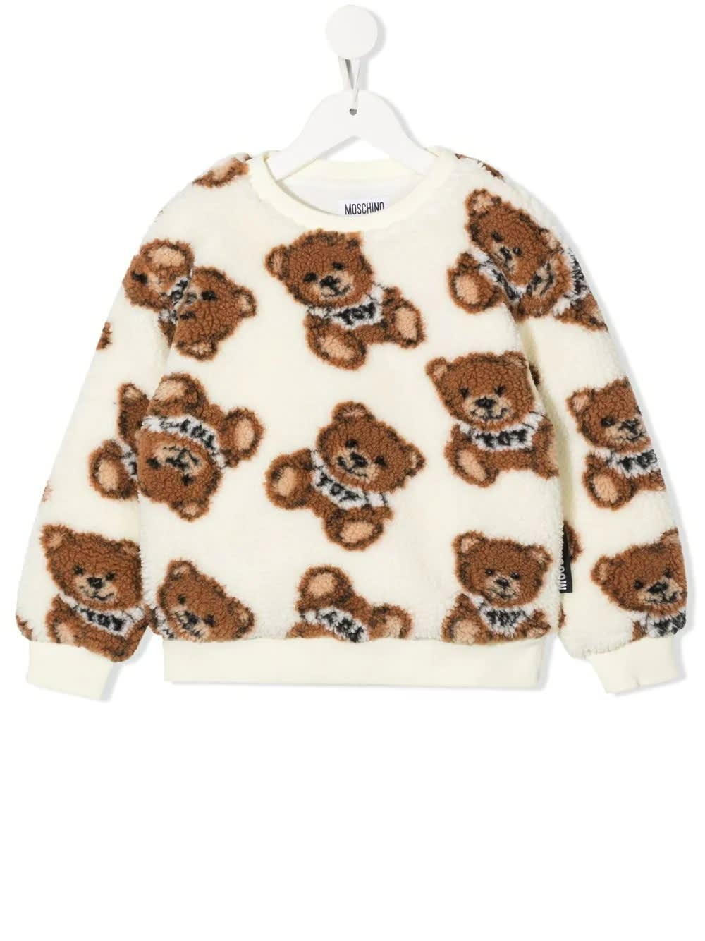 Moschino Kids Sweater In White Teddy With All-over Print