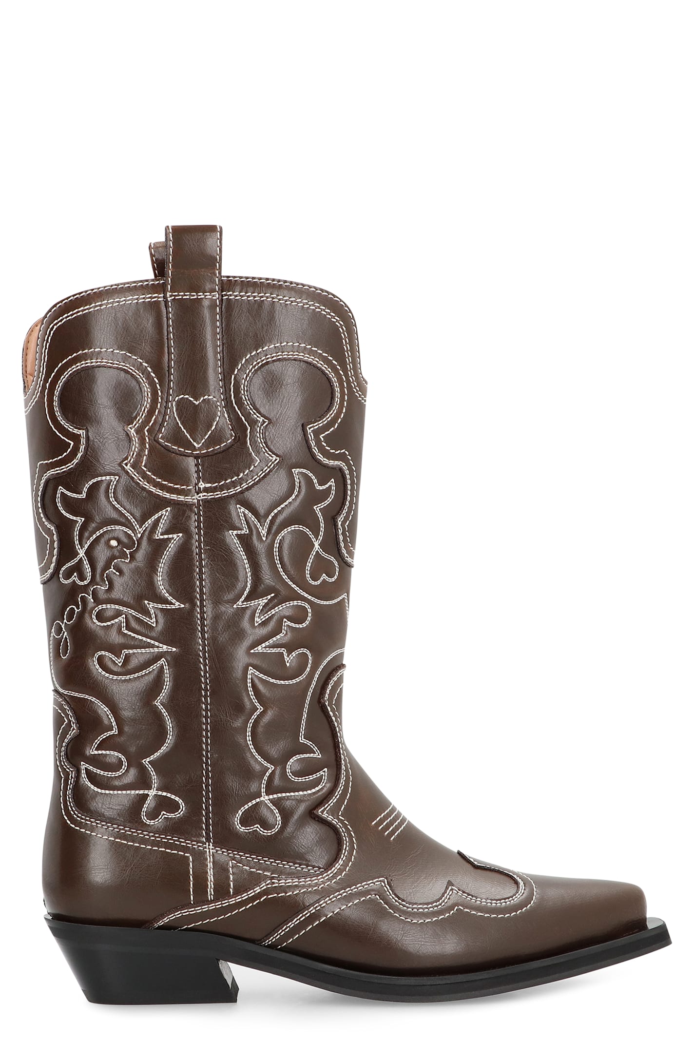 Ganni Shaft Boots With Cuban Heel And Decorative Stitching In Brown