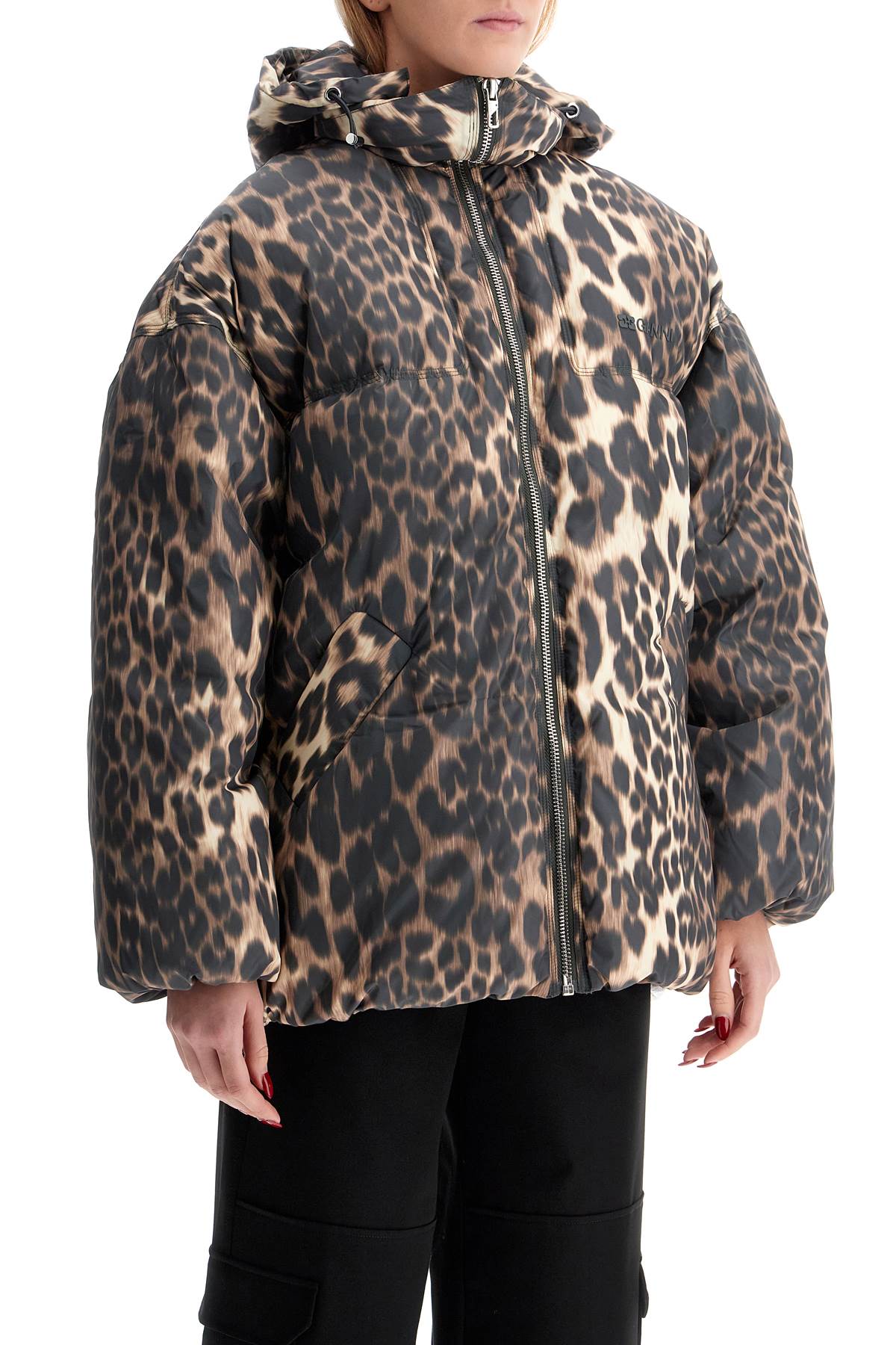 Ganni Leo Puffers Midi Style Down Jacket In Almond Milk