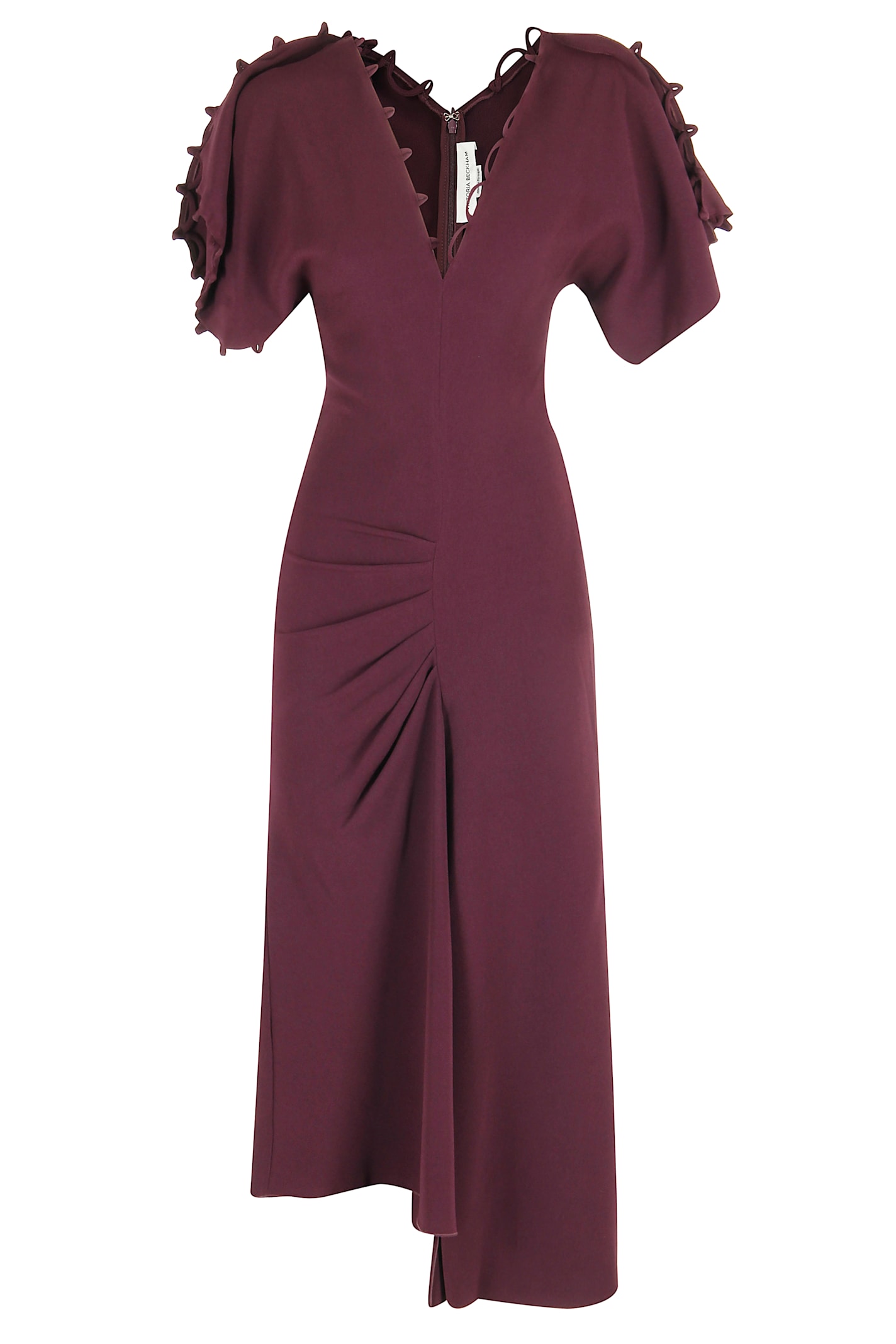 Victoria Beckham Short Sleeve Rouleaux Detail Dress In Burgundy