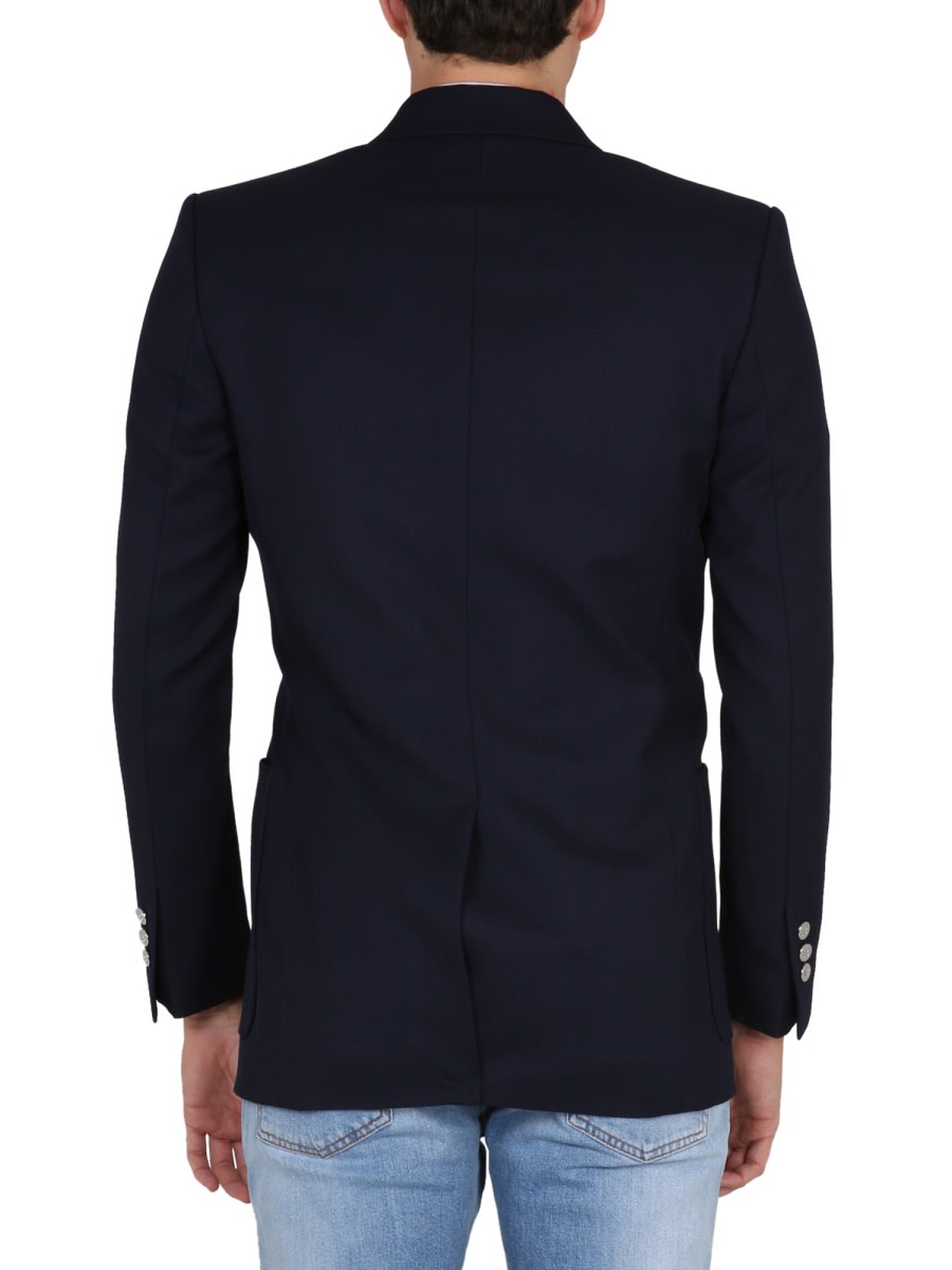 Balmain Tailored Wool Blazer With Back Slit And Padded Shoulders In Blue