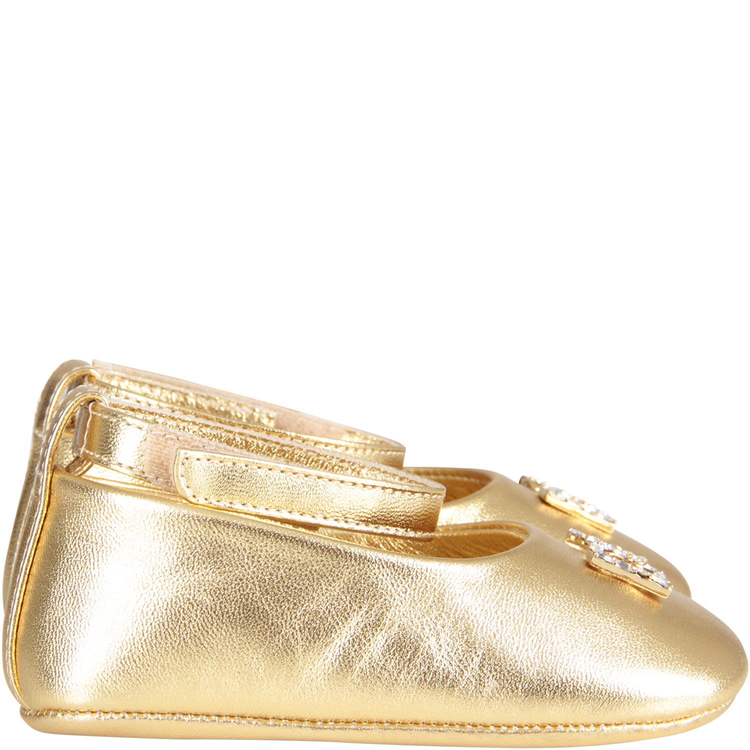 Dolce & Gabbana Gold Ballerina Shoes For Babygirl With Metallic Logo