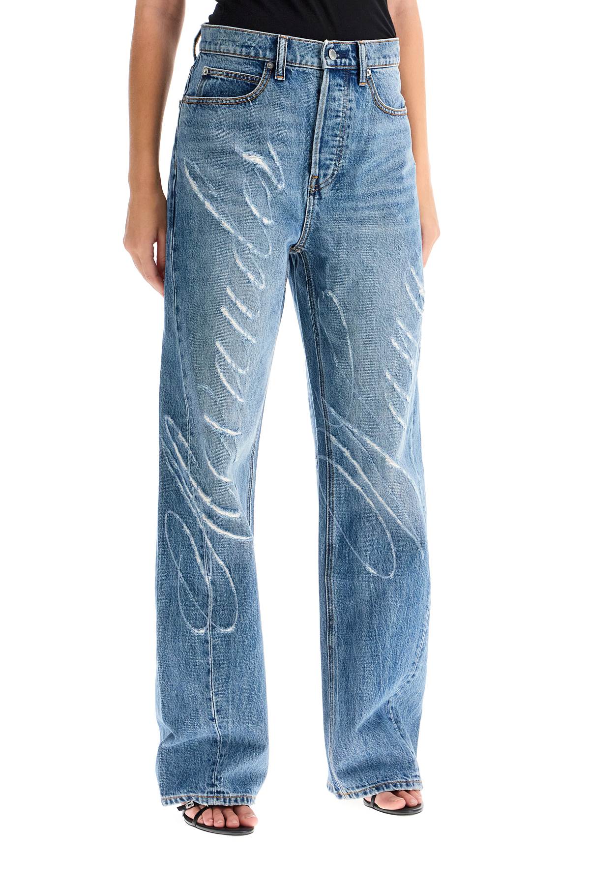 Shop Alexander Wang Distressed Jeans With Lettering Logo In Vintage Medium Indigo (light Blue)