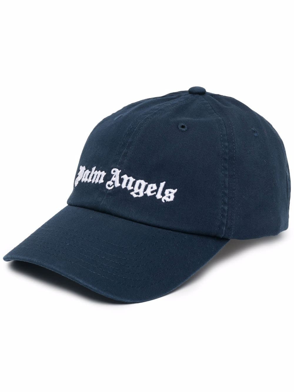 Palm Angels Man Navy Blue Gabardine Baseball Hat With White Front And Back Logo