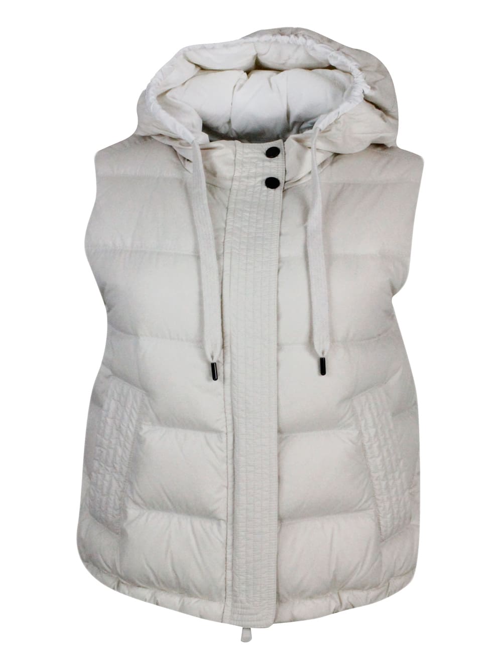 BRUNELLO CUCINELLI SLEEVELESS DOWN JACKET IN LIGHTWEIGHT NYLON WITH HOOD AND ROWS OF BRILLIANT JEWELS ALONG THE CLOSURE