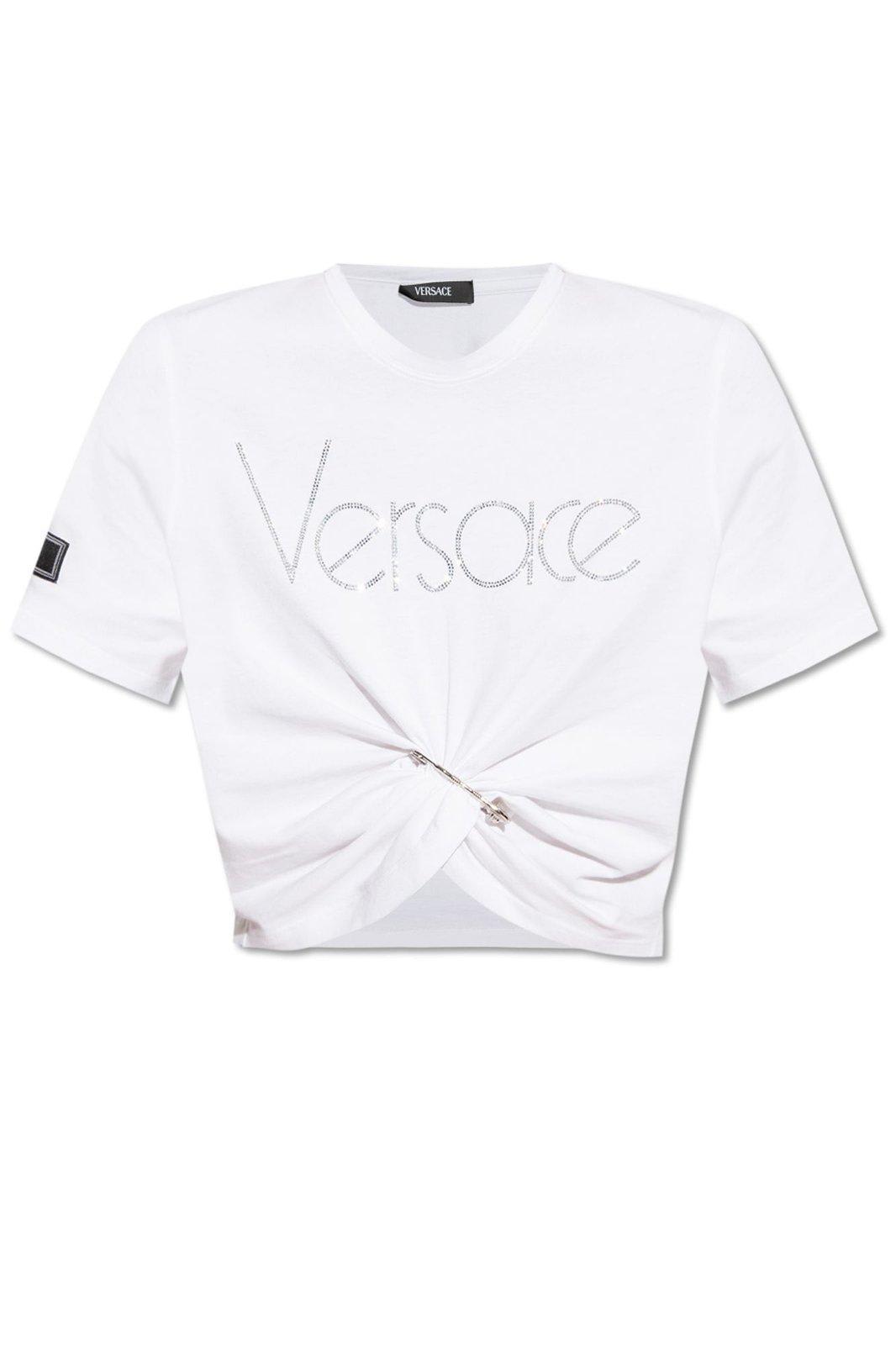 Shop Versace Logo-embellished Crewneck Cropped T-shirt In White