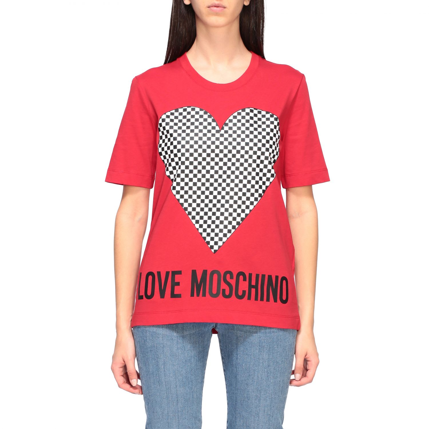 LOVE MOSCHINO SHORT-SLEEVED T-SHIRT WITH MICRO CHECKERED HEART,11235676