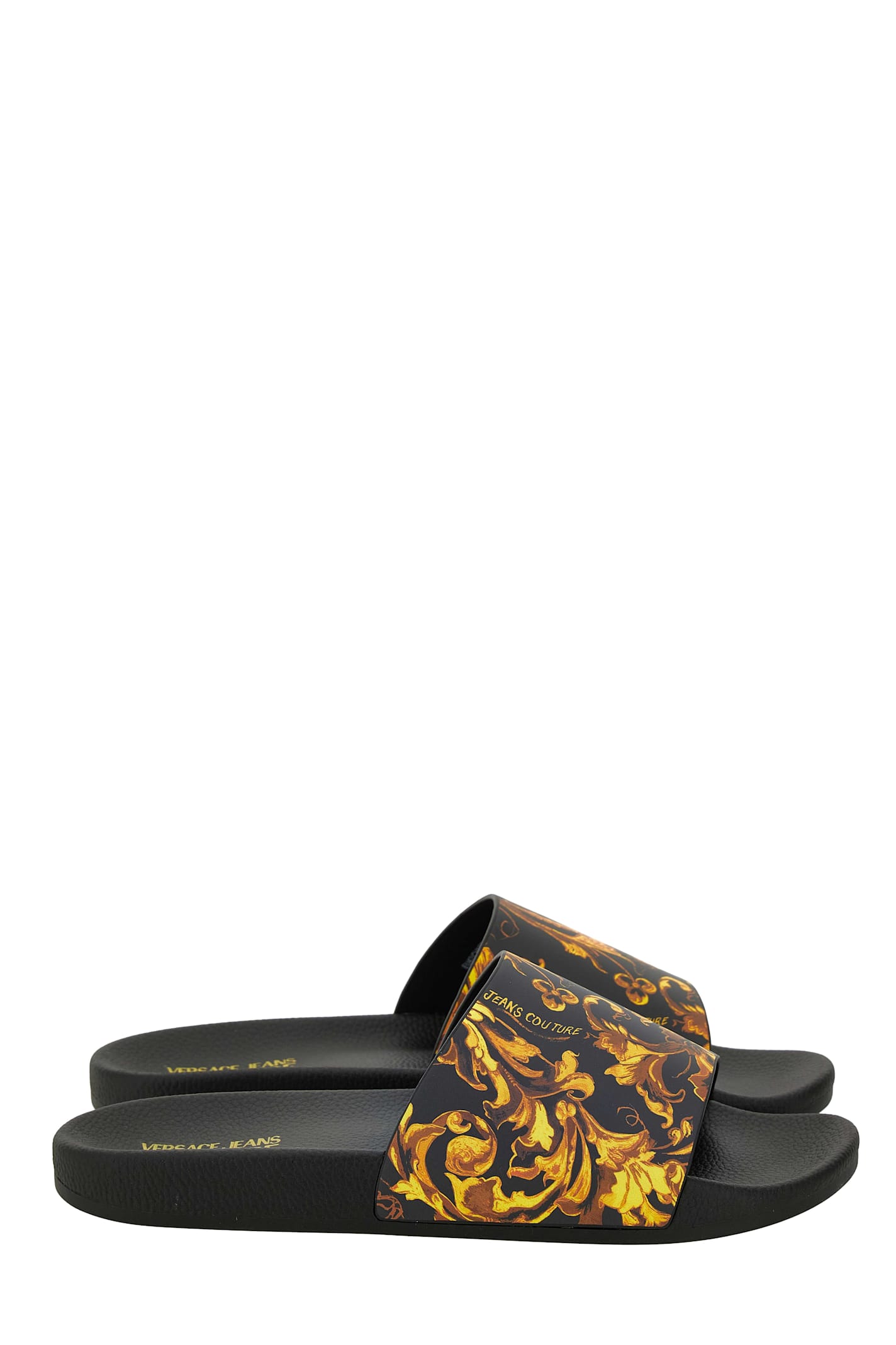 Versace Jeans Couture Baroque-print Slides In Black