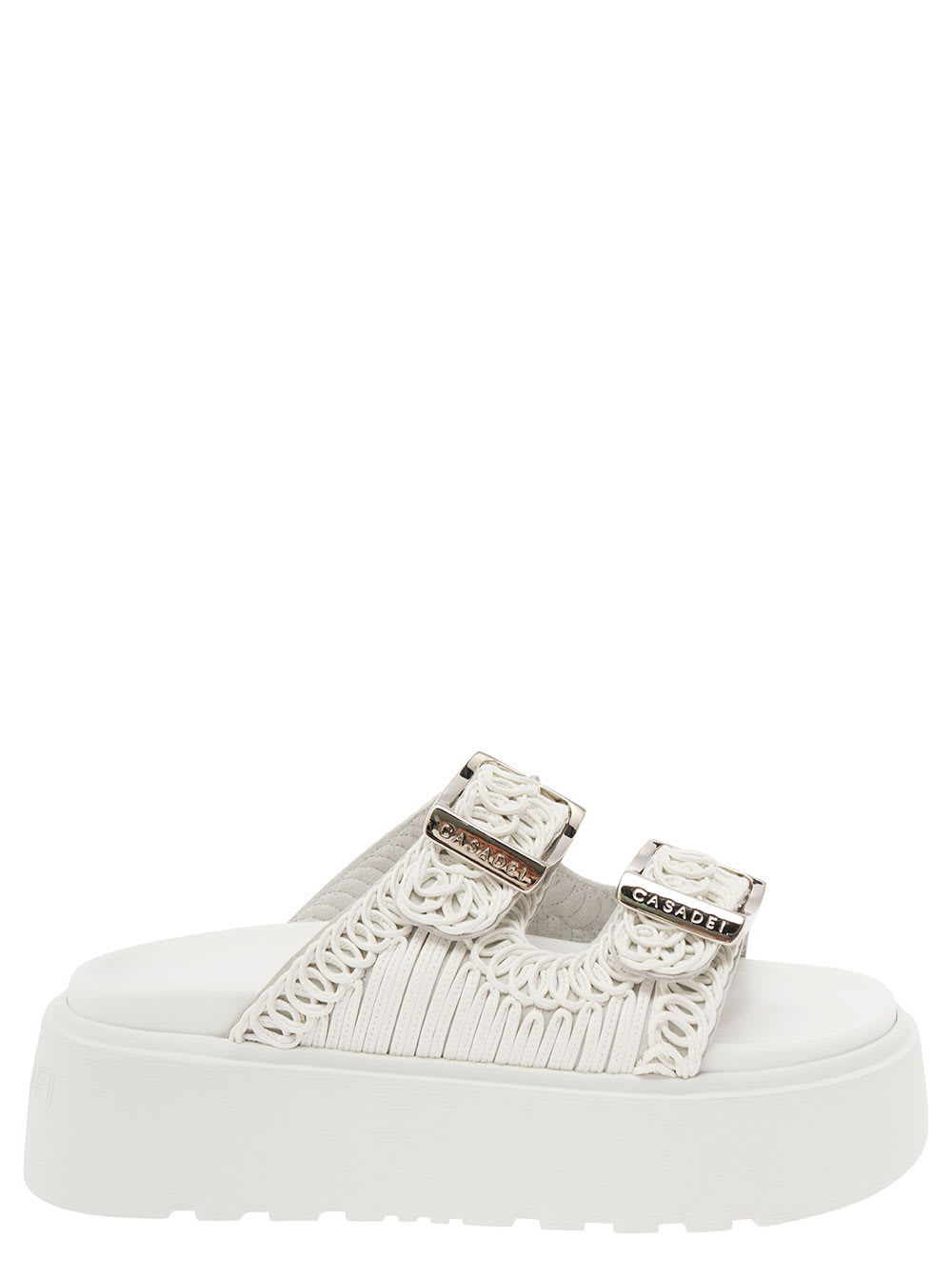 Shop Casadei Birky Ale White Slippers With Cornely Embroidery And Xl Buckles In Fabric Woman