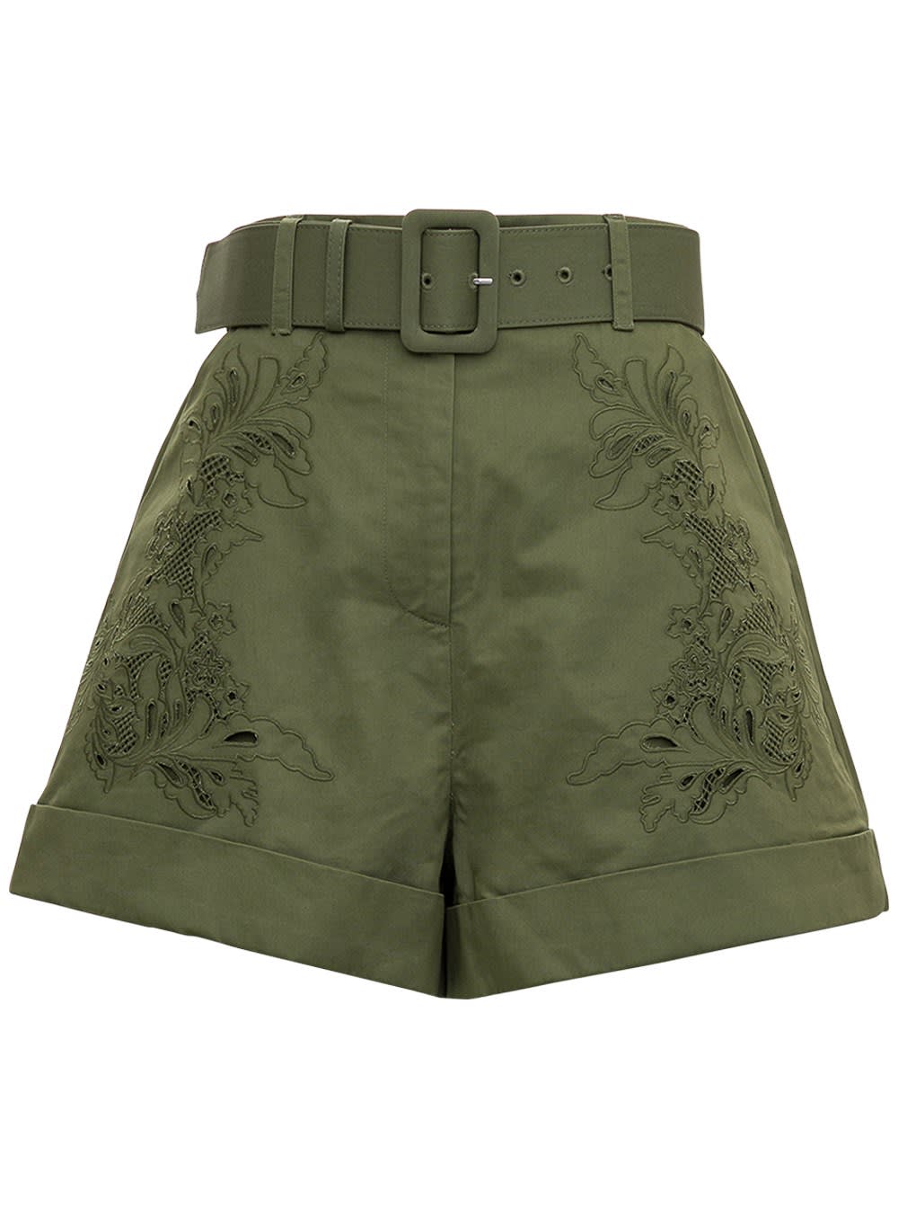 self-portrait Green Cotton Shorts With Embroidered Design
