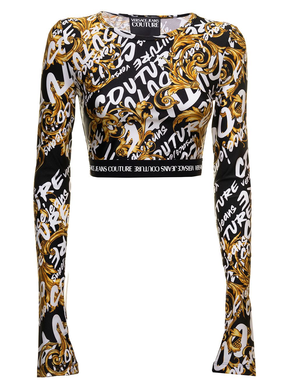 Versace Jeans Couture Womans Long Sleeve Cropped Sweater With Brush Logo Print