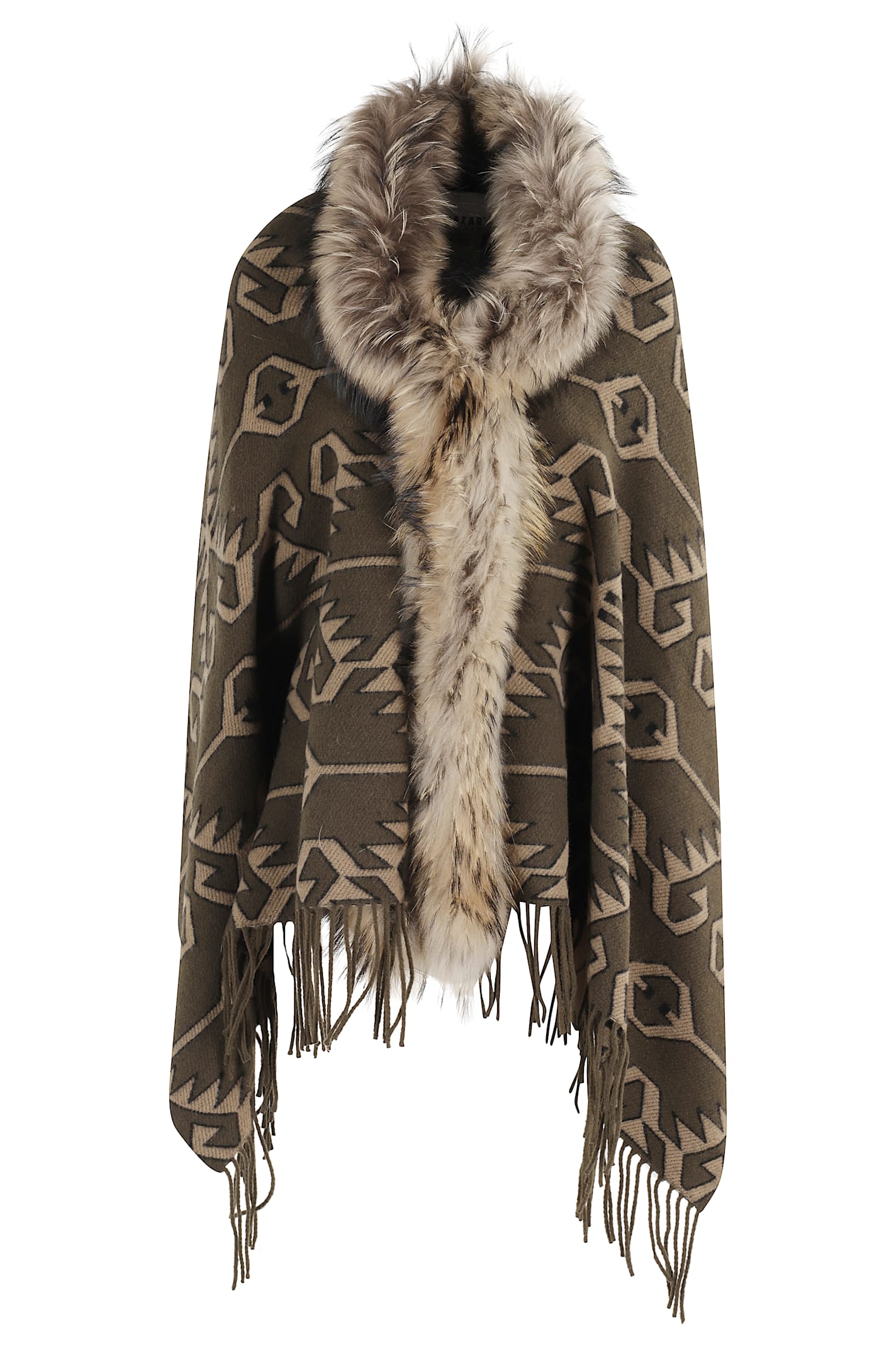 Bazar Deluxe Faux-fur Trimmed Geometric-pattern Cape In Brown