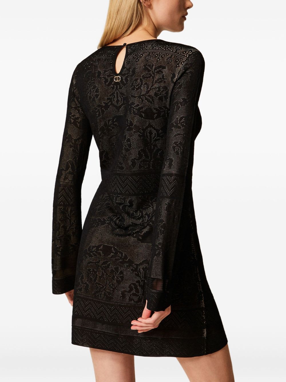 Twinset Twin-set Mini Dress With Textured Fabric And Floral Patterns In Black