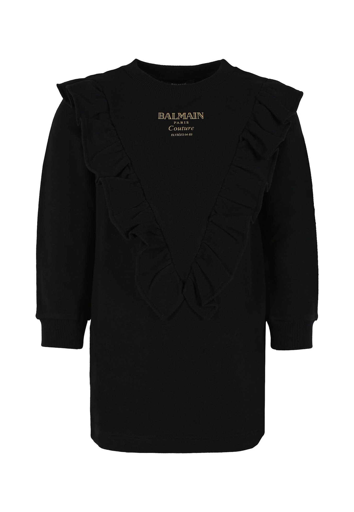 Balmain Ruffled-detail Logo Dress In Black