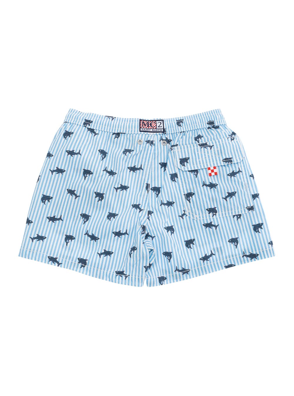 Mc2 Saint Barth Patmos Jr Light Blue Swim Shorts With Drawstring Elastic Waist And All-over Print In Tech Fabric Boy In Light Blue