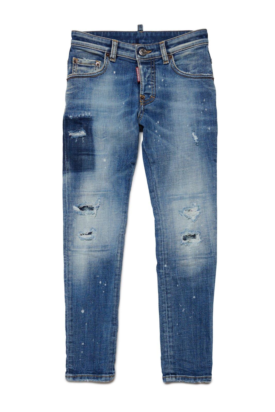 Shop Dsquared2 Graphic-printed Straight-leg Distressed Jeans In Blue Denim