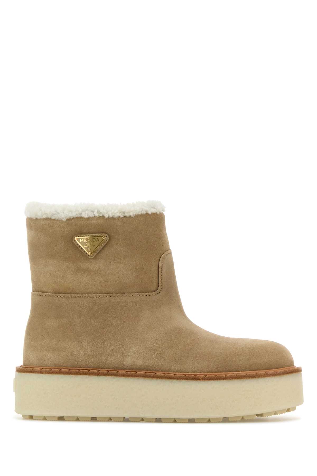 Shop Prada Beige Suede Ankle Boots In Ecru