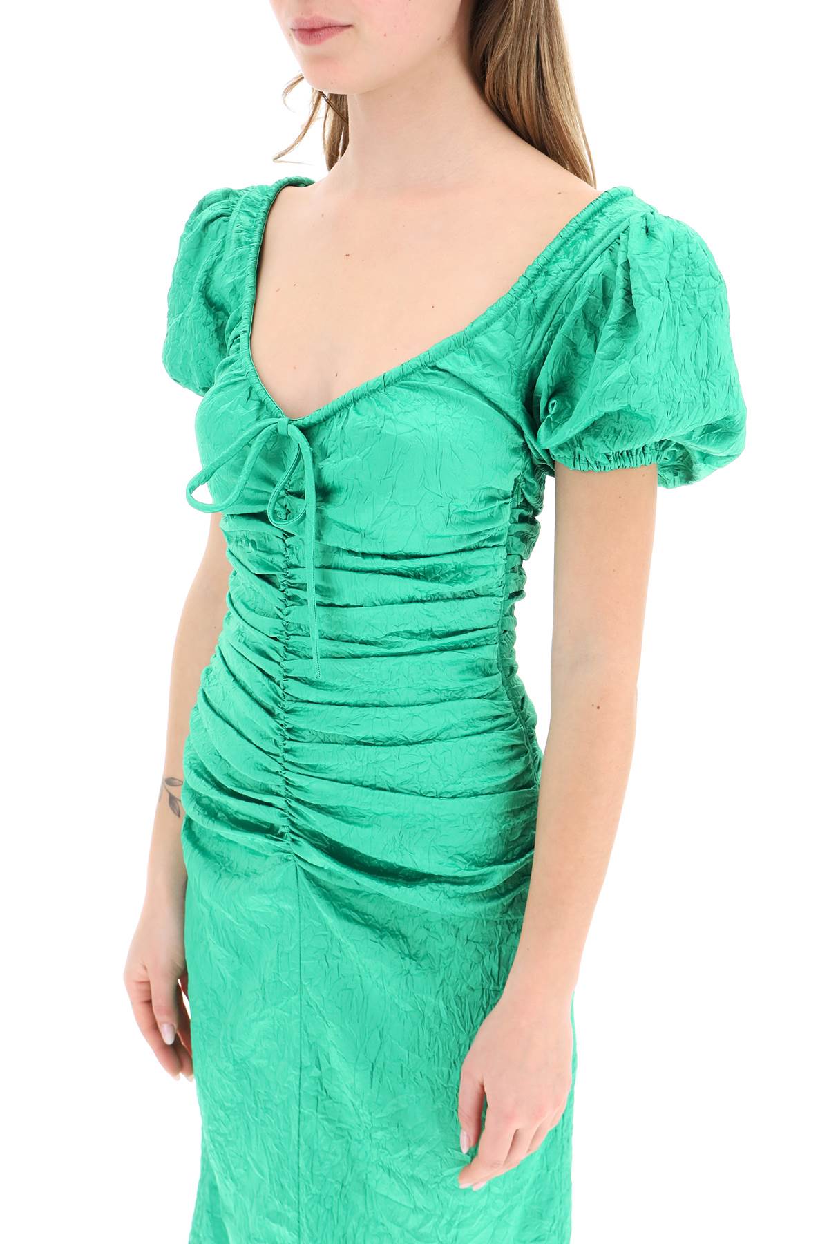 Shop Ganni Crinkle Satin Midi Dress In Bright Green