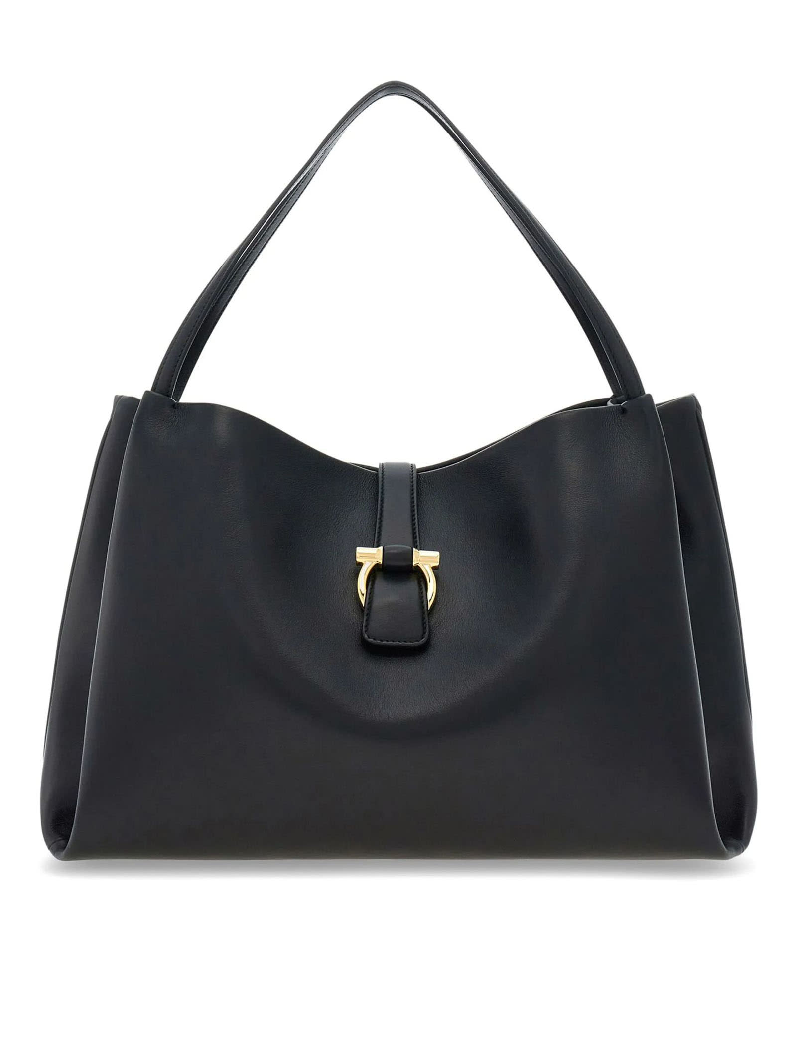 Ferragamo Buckle Strap Soft Structure Shoulder Bag In Black