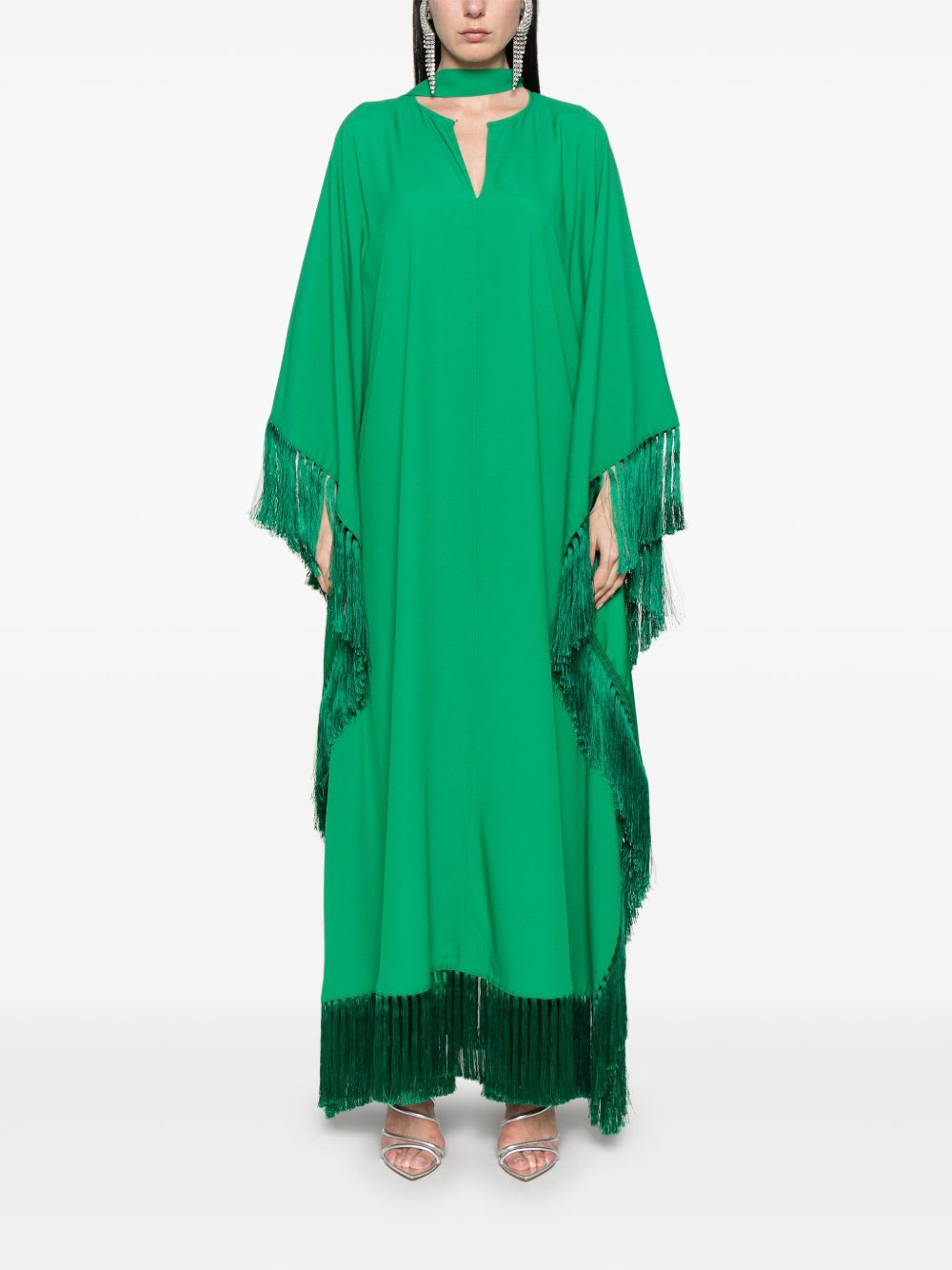 Taller Marmo Long Kaftan With Fringed Edge And Attached Scarf In Green