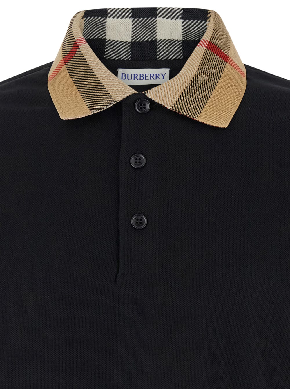 Shop Burberry Cody Beige Polo Shirt With Long Sleeves And Check Motiv On The Collar In Cotton Man In Black