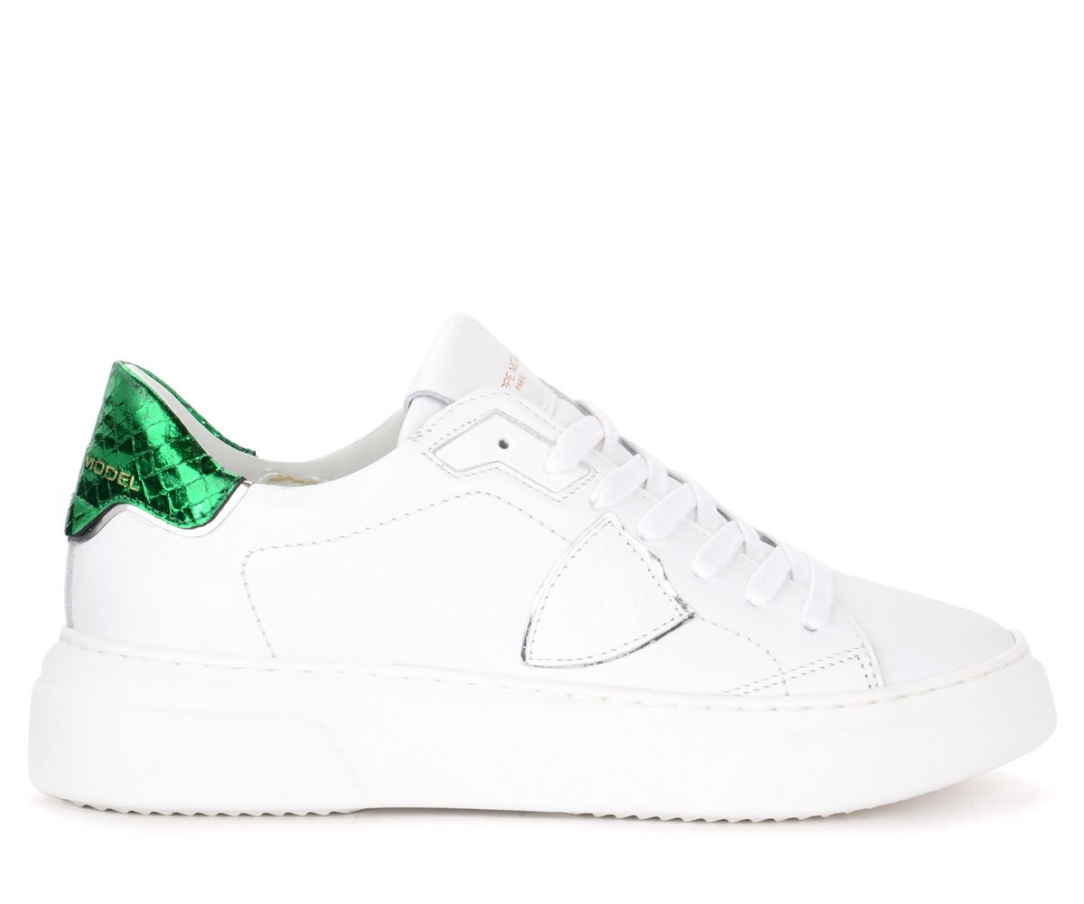 PHILIPPE MODEL TEMPLE SNEAKER MADE OF WHITE LEATHER WITH SHINY GREEN SPOILER,11266795