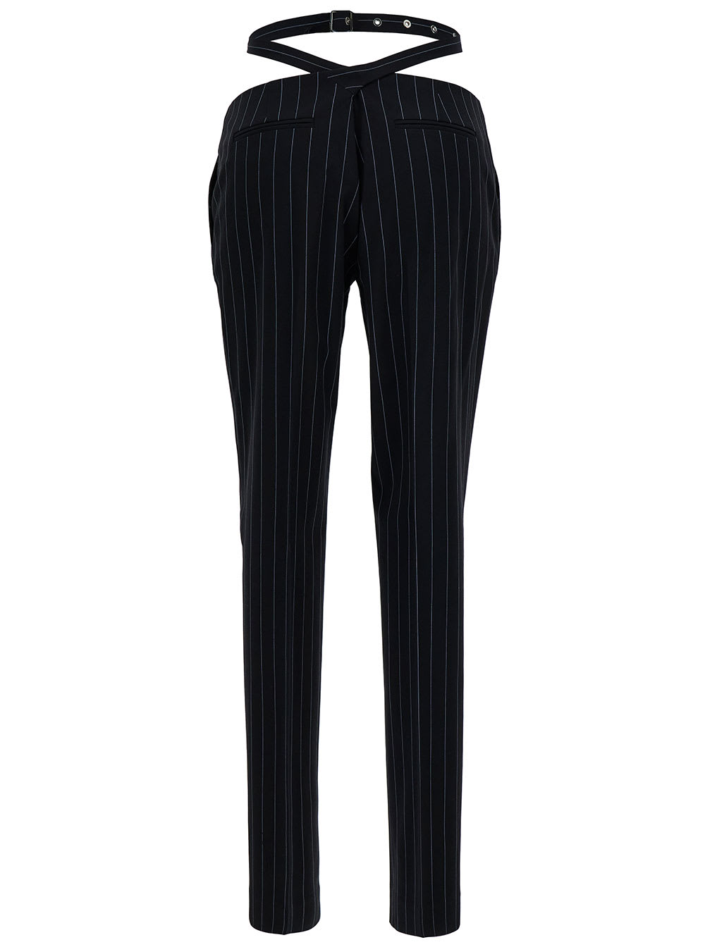 Shop Attico Blue Slim Pinstripe Pants With Belt In Viscose Blend Woman
