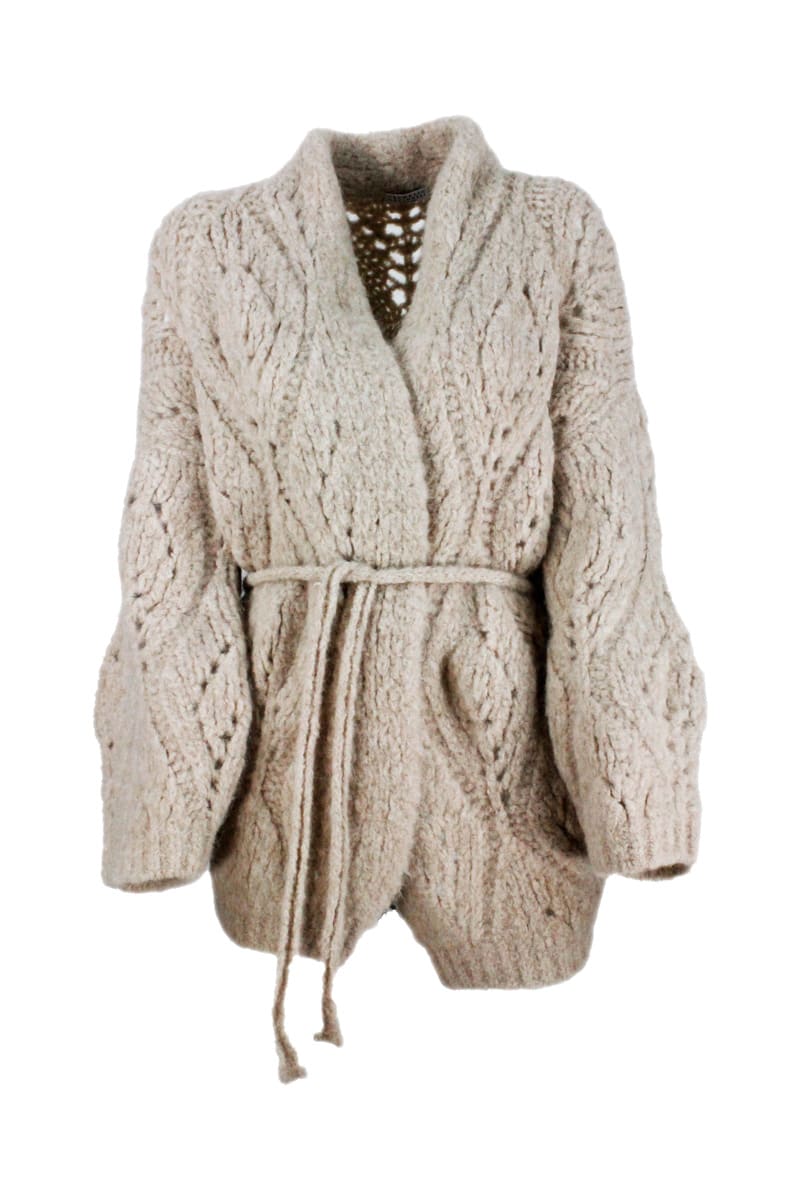 Brunello Cucinelli Cardigan Sweater With Belt In Knitted Alpaca With Loose Weave