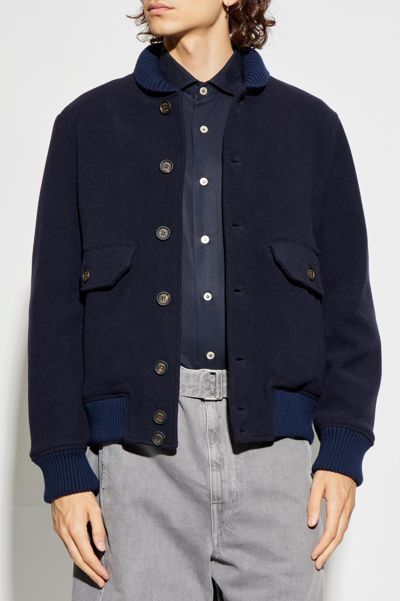 Eleventy Bomber Jacket With Ribbed Collar And Button-up Front In Blue