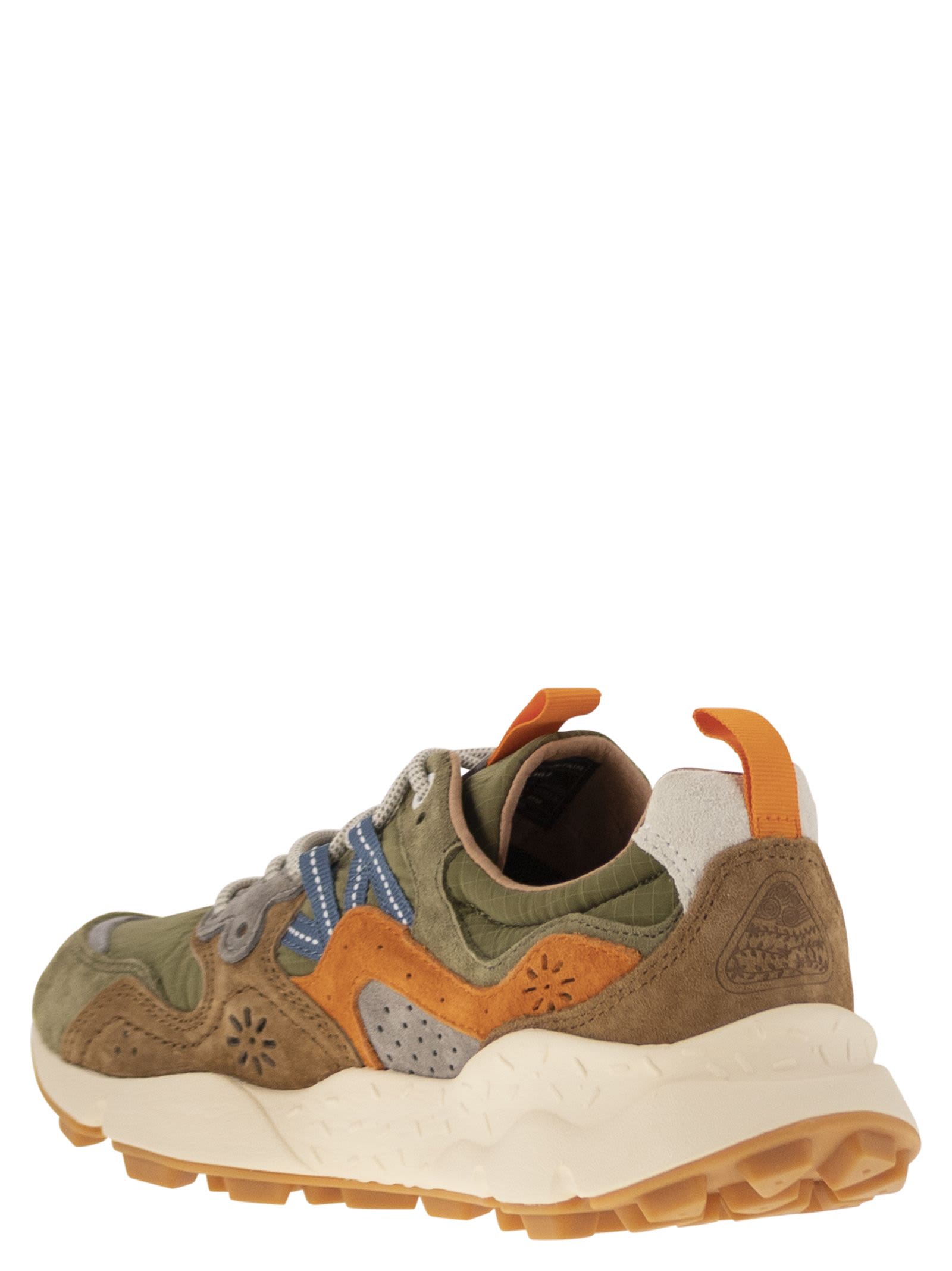 Flower Mountain Yamano 3 - Sneakers In Suede And Technical Fabric In Green/orange