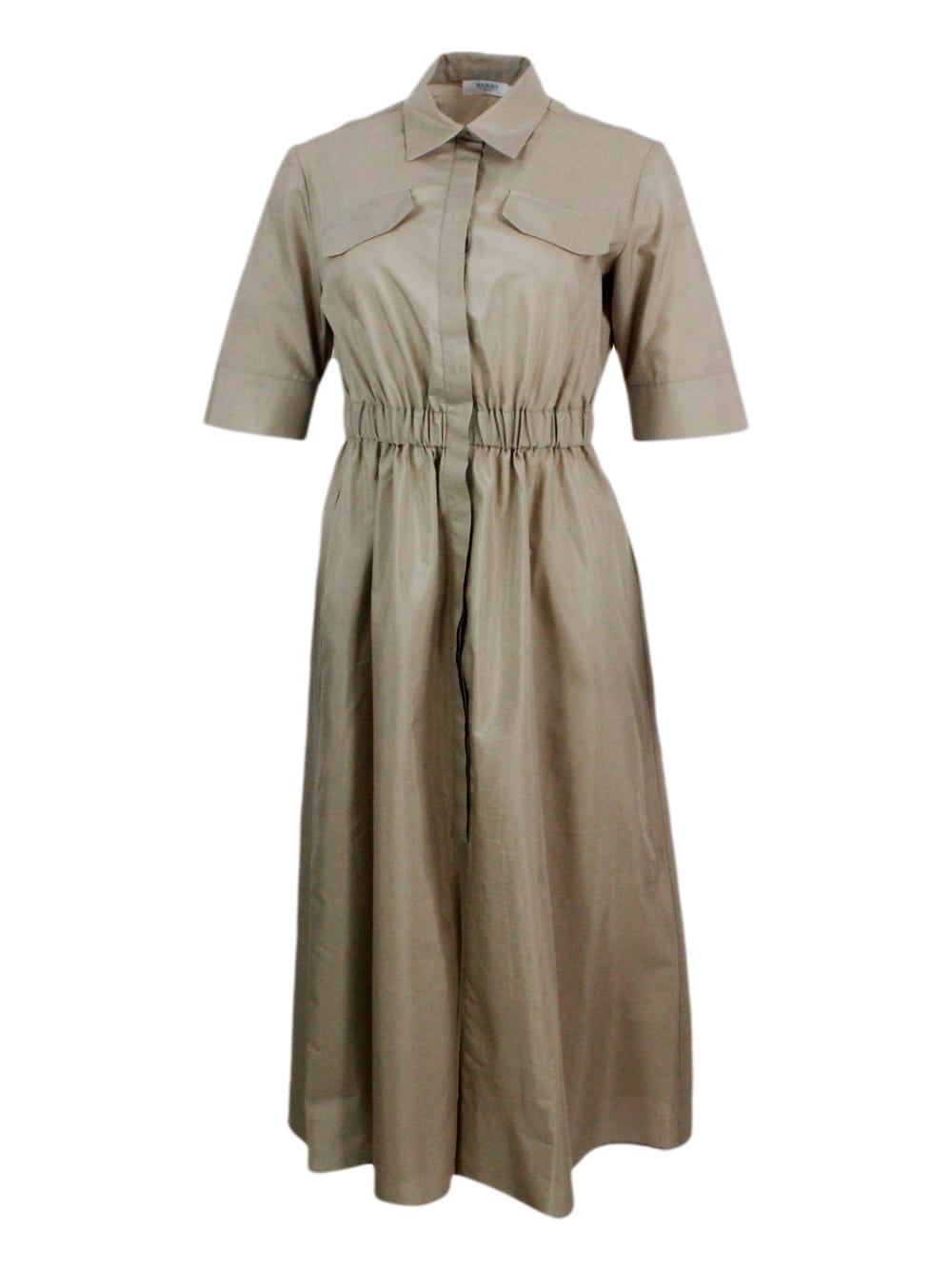 Shop Barba Napoli Long Dress Made Of Cotton With Short Sleeves, With Elastic Waist And Button Closure. Welt Pockets In Beige