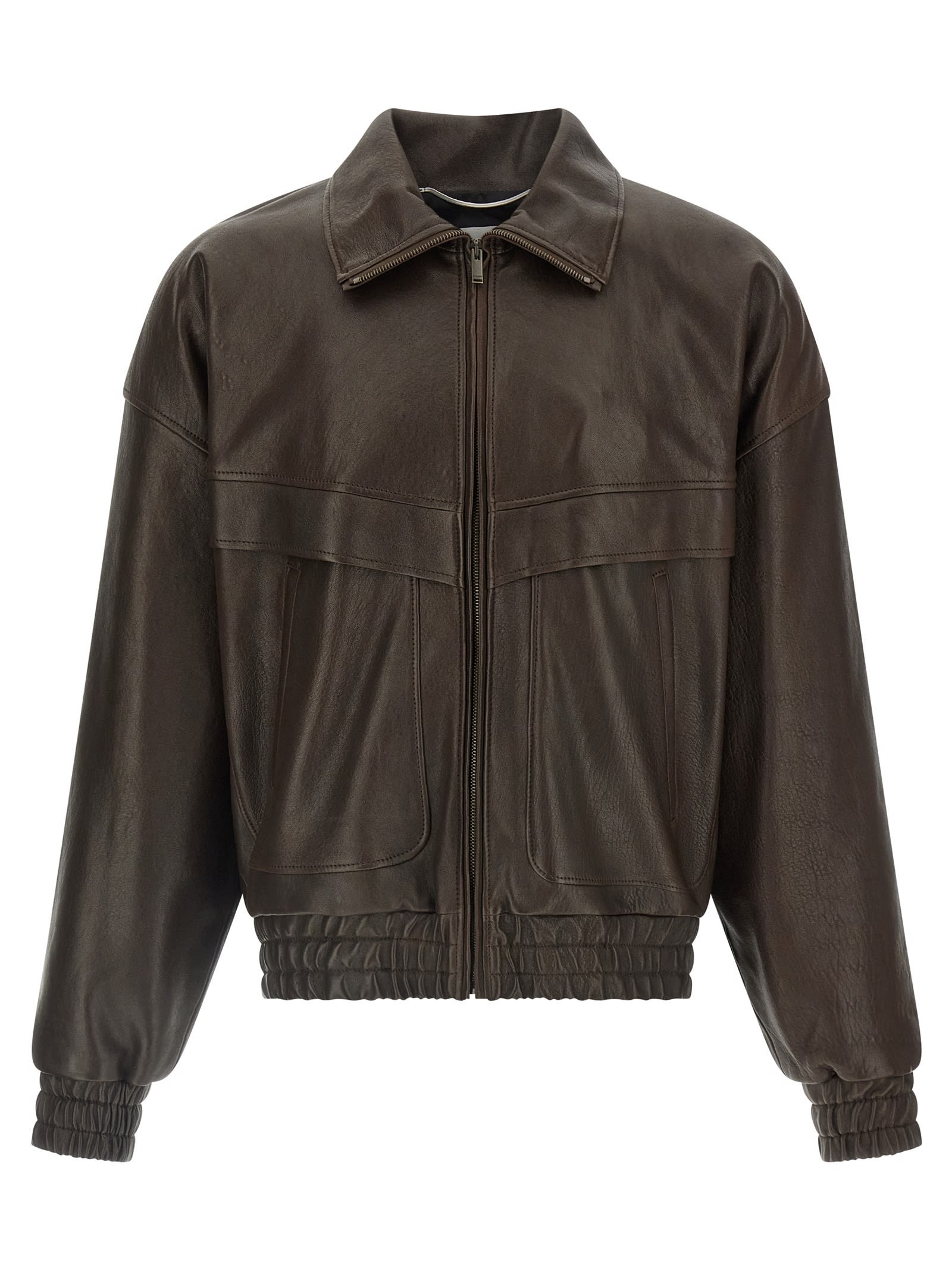 Saint Laurent Lambskin Zip Bomber Jacket In Brown