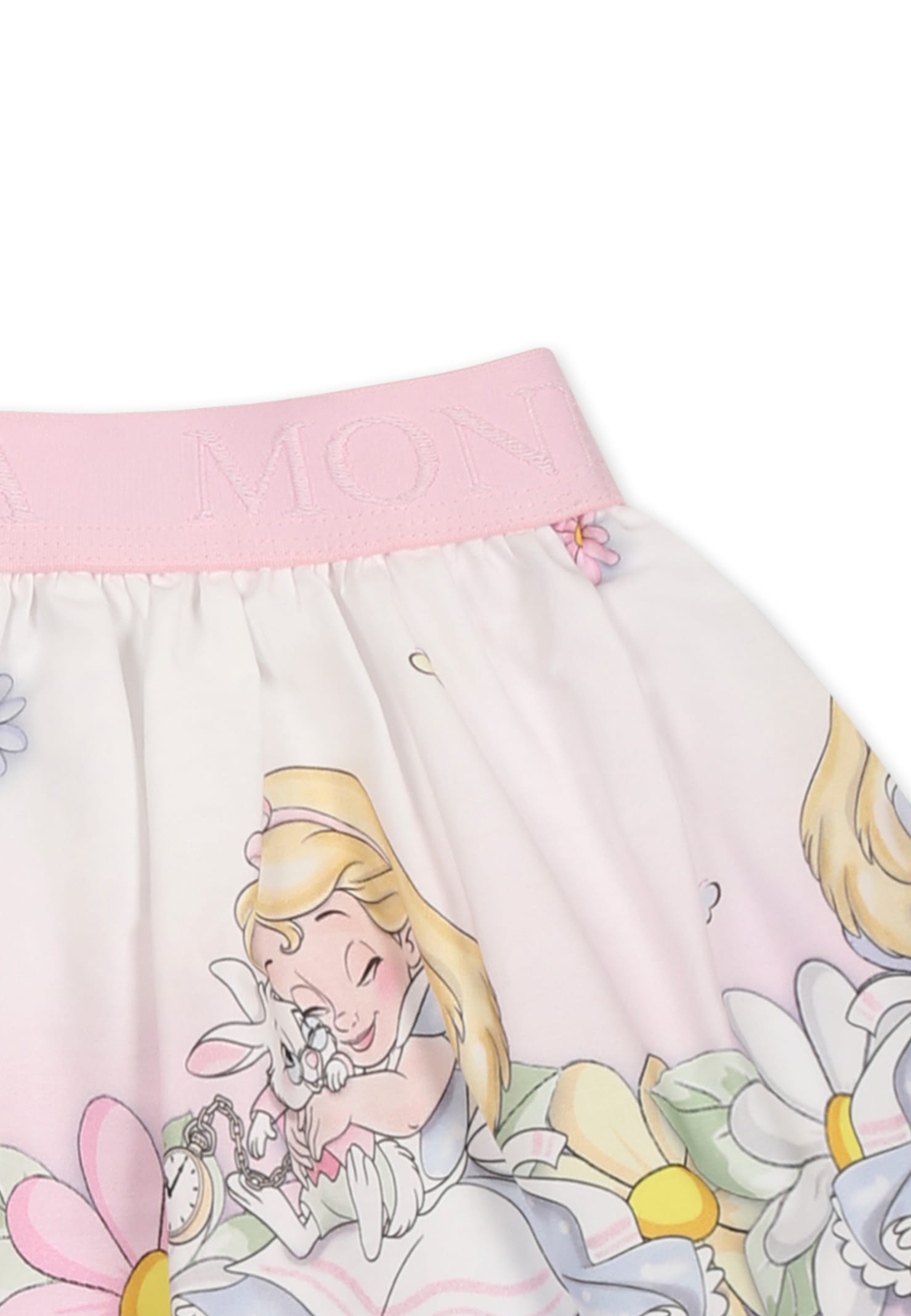 Monnalisa Pink Skirt For Baby Girl With Alice In Wonderland Print In Pink