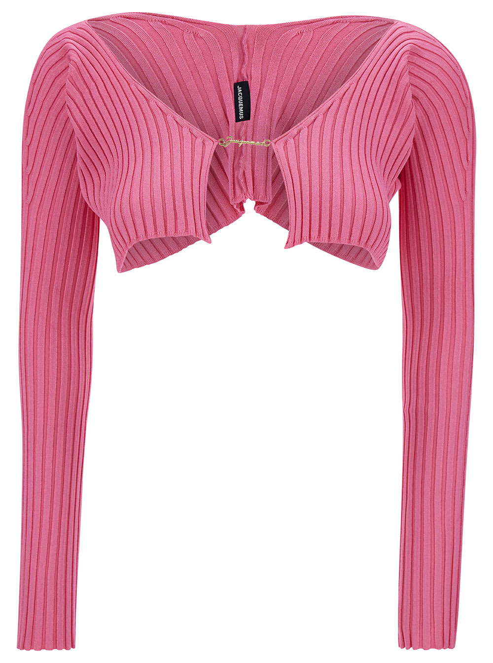 JACQUEMUS LA MAILLE PRALÙ PINK CROPPED CARDIGAN WITH GOLDEN LOGO IN STRETCH VISCOSE WOMAN