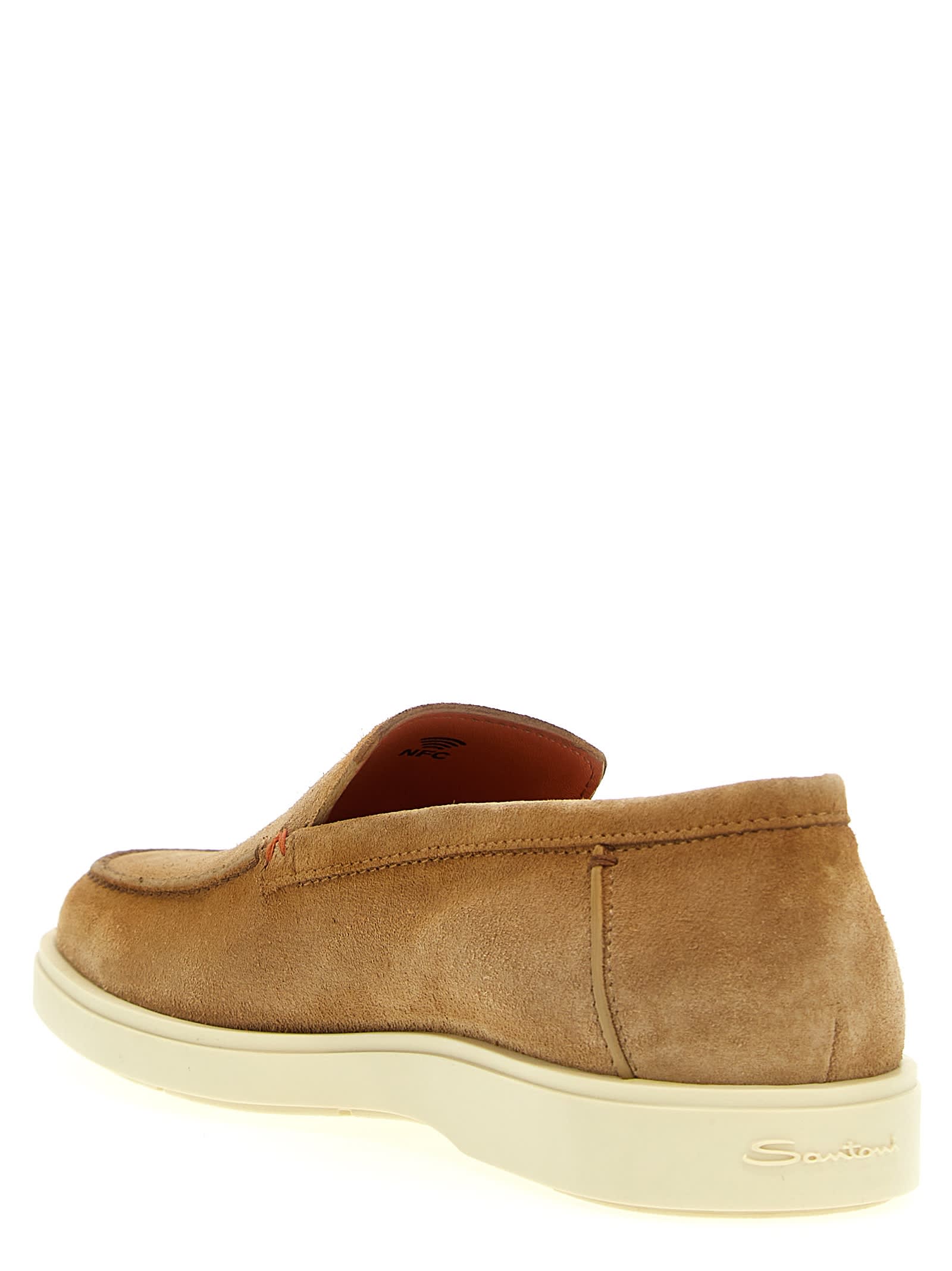 Santoni Brown Suede Loafers With Rubber Sole In Beige
